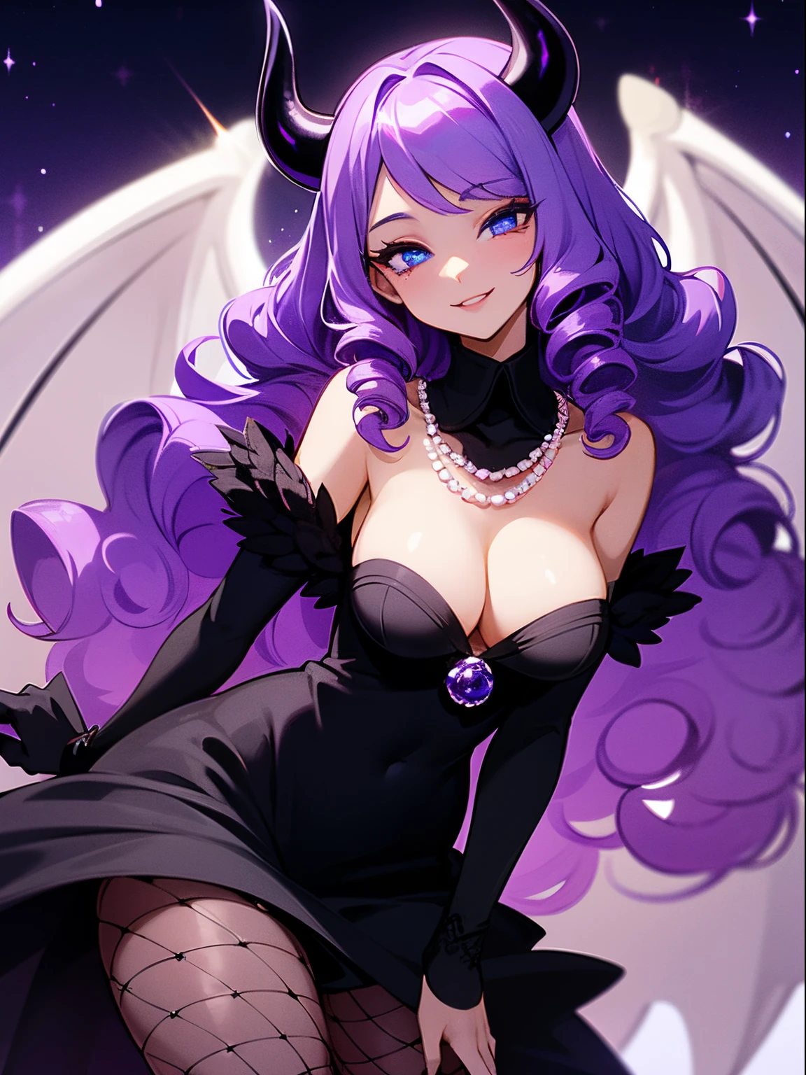 A beautiful and ???? woman with long wavy violet hair, drill curls, side-swept bangs, sharp blue eyes, light skin, smile, wearing a sparkly black dress, fishnet stockings and pearl necklace, there's two black devil horns on her head, and she also has a black devil tail and black demon wings, she's standing in the city at nighttime