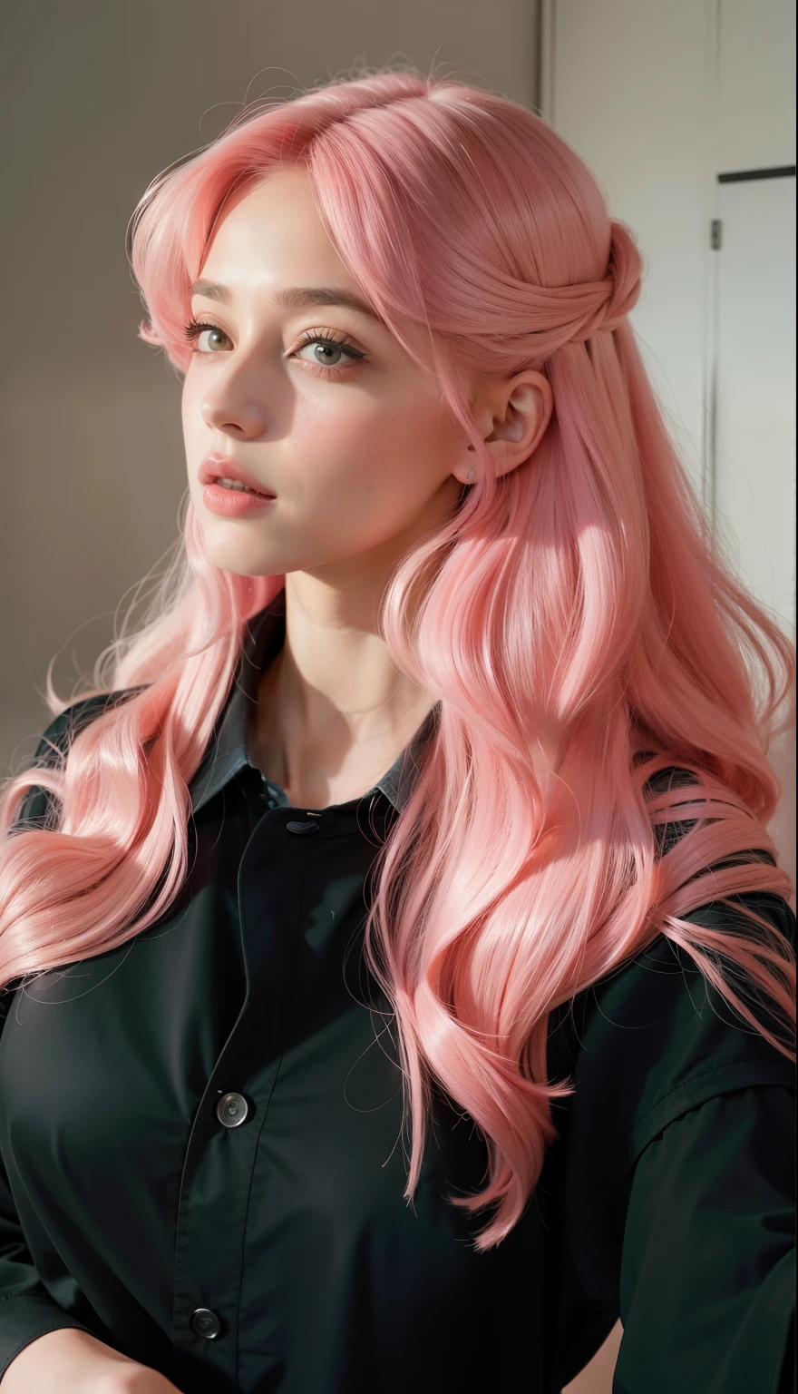 mulher arafada com cabelo rosa e camisa preta tirando uma selfie, long flowing pink hair, flowing pink hair, cabelo rosa wispy, Katherine McNamara inspirada, com cabelo rosa, cabelo rosa longo, cabelo longo chiclete, linda Delphine, cabelo liso rosa, ava max, cabelo rosa claro com chamas cor-de-rosa, cabelo rosa claro, cabelo rosa claro longo