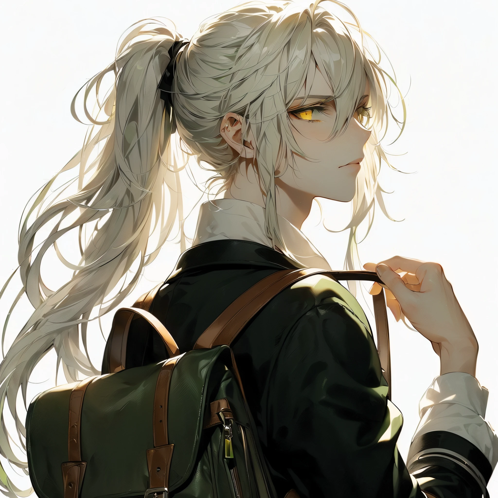 (((Beautiful young man with slender eyes, White hair, Long hair, Yellow eyes, slit-eyes, Ponytail, Back view, turned around, dark green leather backpack, composition from the waist up, High quality, amount of drawing, pixiv illustration