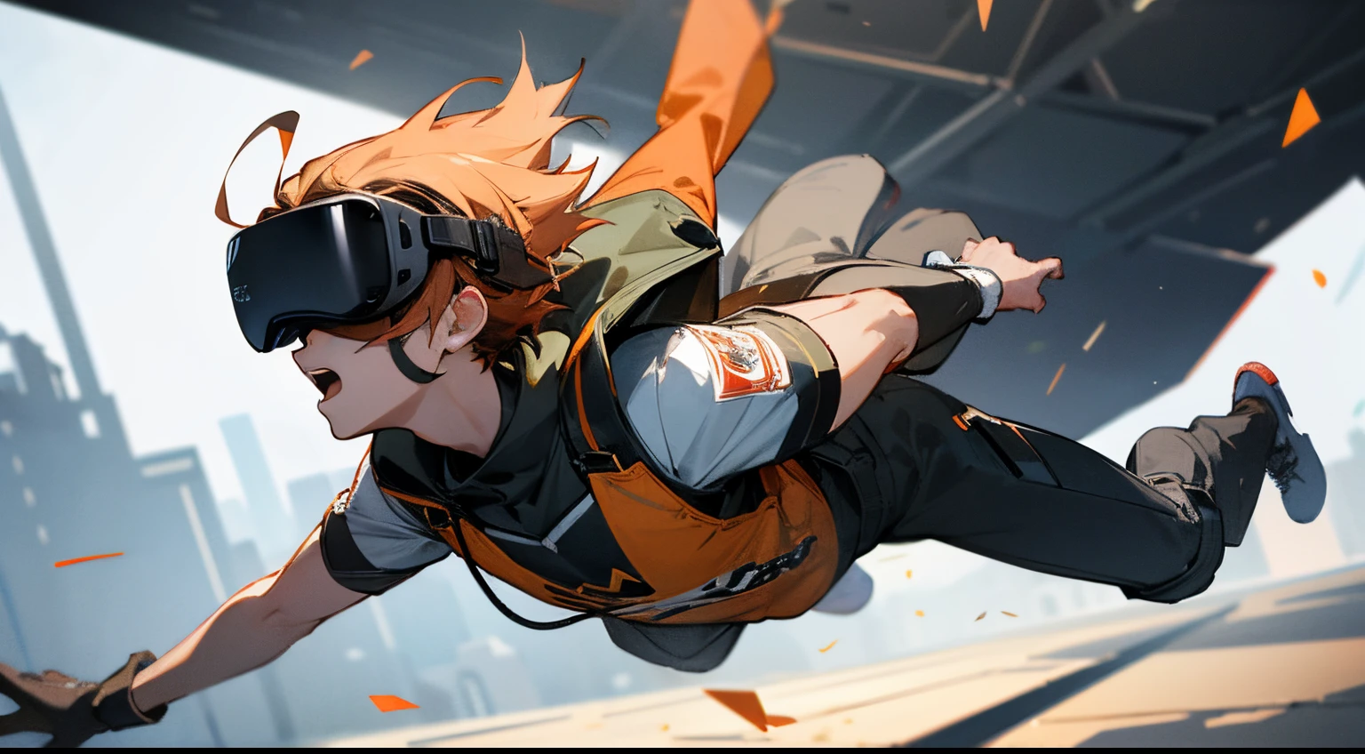 masterpiece, best quality, high resolution, 1boy, 16 years, costume, VR helmet, falling