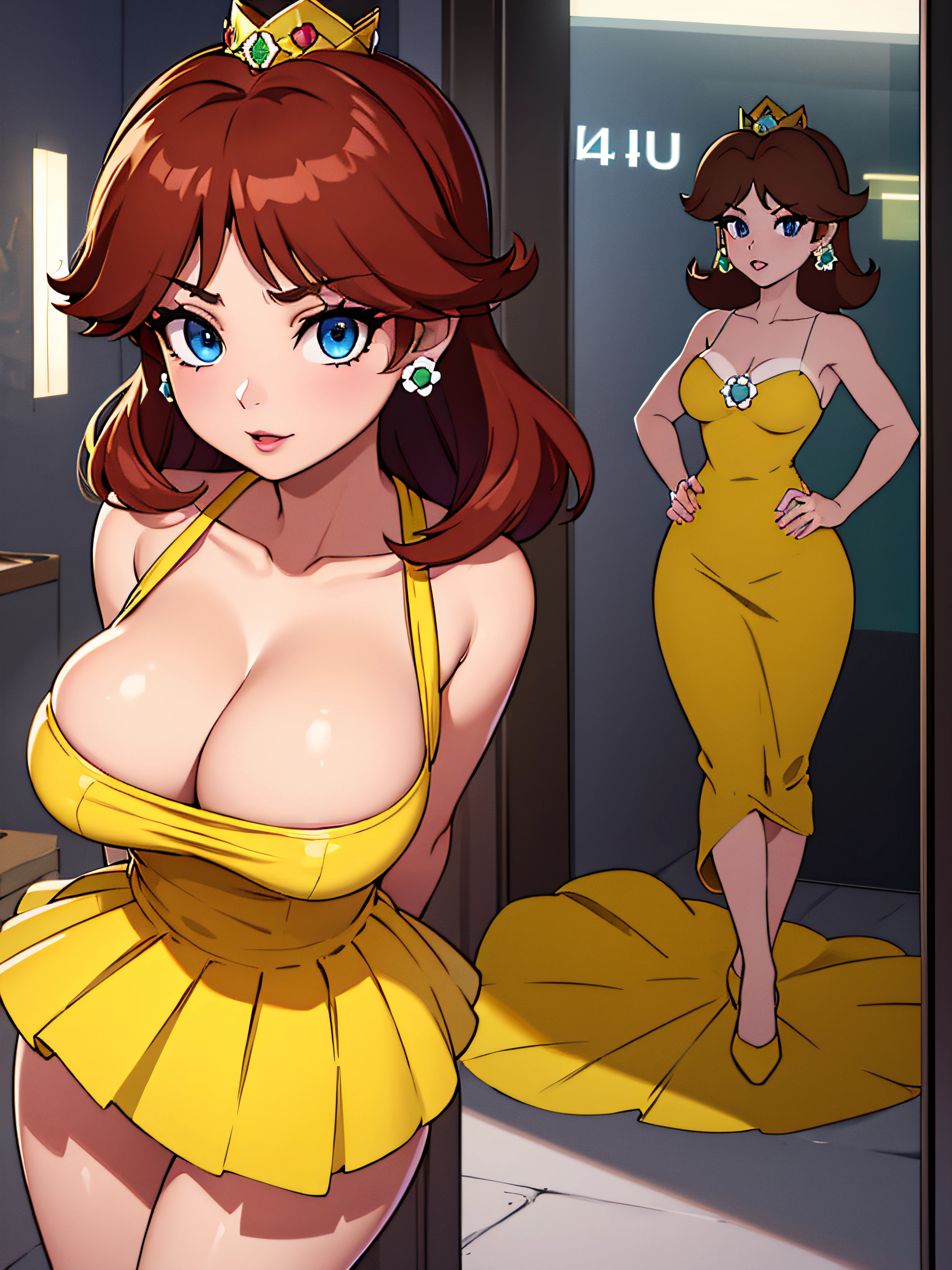 ((high detailed, best quality, 4k, hd:1.3)), Princess Daisy, princessdaisy, blue eyes, original, seductive, attractive, fanart, sexy smile, smooth anime cg art, 36C breasts, long legs, vivid colors, detailed digital art, fitness body, tanned skin, tanned, dark red hair, long hair, BREAK crown, cleavage, 36C cleavage, stuck behind glass, stuck behind a glass, looking at viewer, BREAK looking at viewer, extremely detailed face, sexy pose, yellow dress, yellow dress, yellow original dress, daisy, dress, flower, gem, stuck behind a glass, stuck behind glass, dark gothic eyeshadows, dark eyeshadows, black eyeshadows, black sexy lips, black lips, (dark:1.2), dark lips, very dark lips, (perfect hands, perfect anatomy), dark lips, dark lips, dark eyeshadows, black eyeshadows, dark black eyesgadiws
