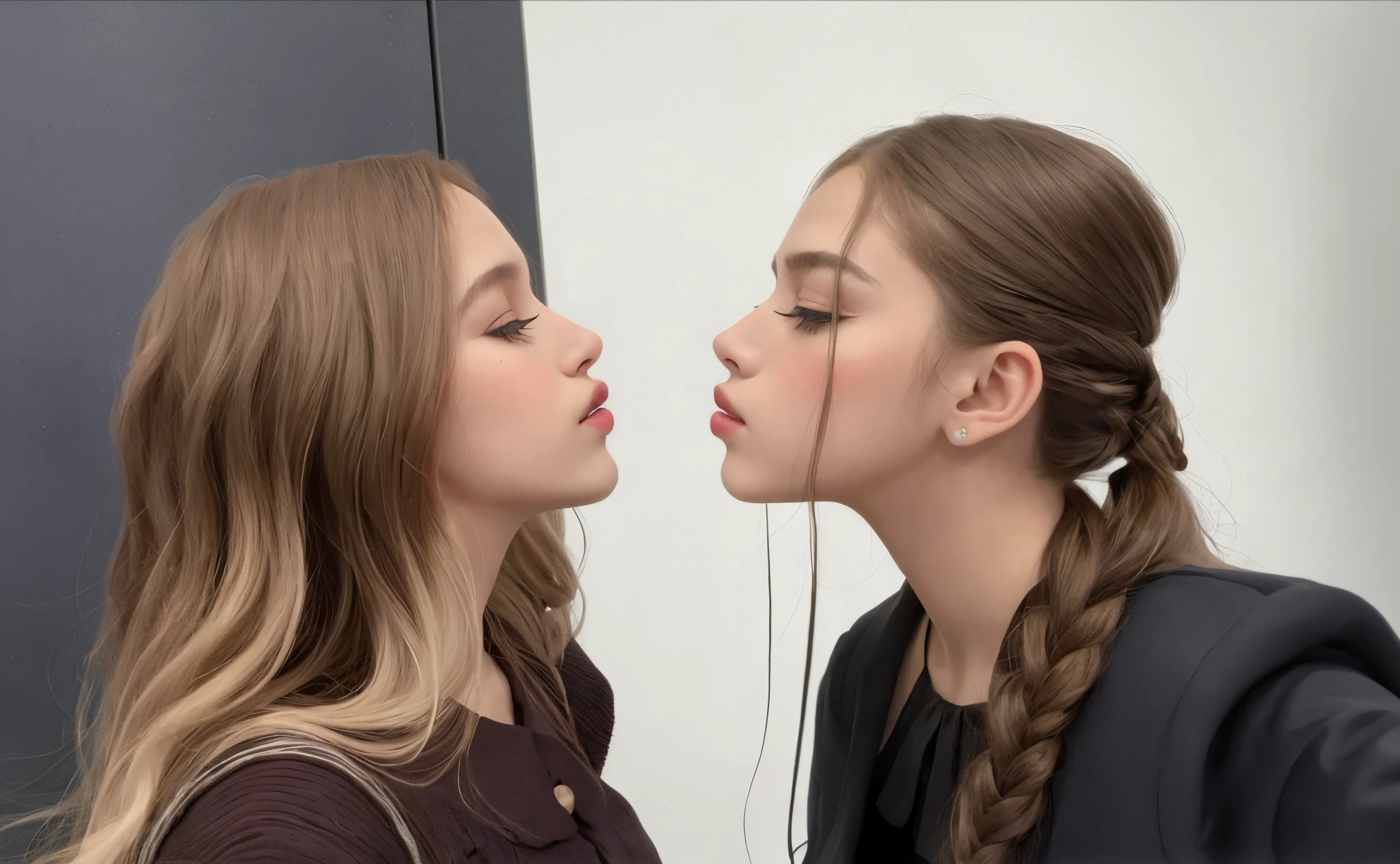 dos mujeres se besan frente a una pizarra, kissing each other, kissing together cutely, Dos modelos en el marco, portrait of two girls kissing, lesbian kiss, they are close to each other, Aurora Aksnes y Zendaya, kissing together, beso boca a boca, Hermanas, Caras preciosas, por Emma Andijewska, Dasha Taran