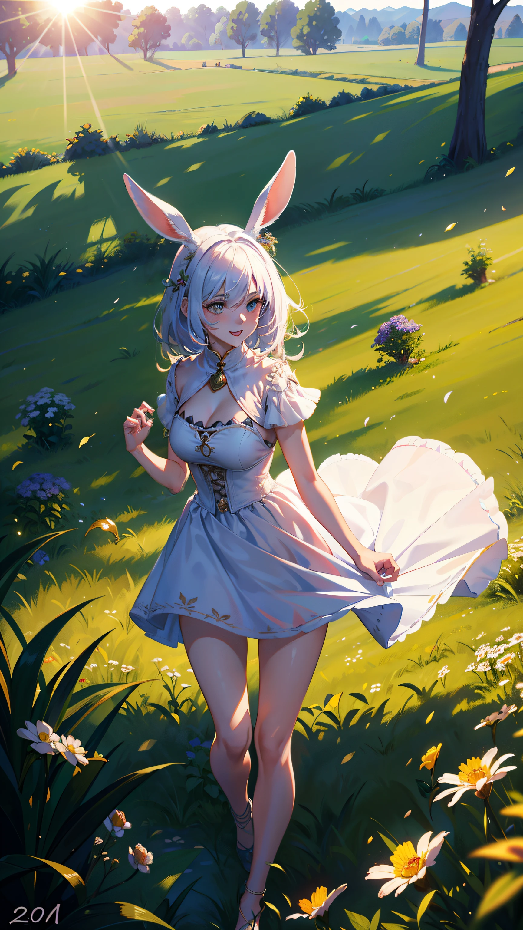 Babs Bunny collecting Easter Eggs, sexy, pastel colors, (full body:1.5), large breast, vibrant spring atmosphere, playful expression, long ears, fluffy tail, blooming flowers, lush green grass, sunny day, soft lighting