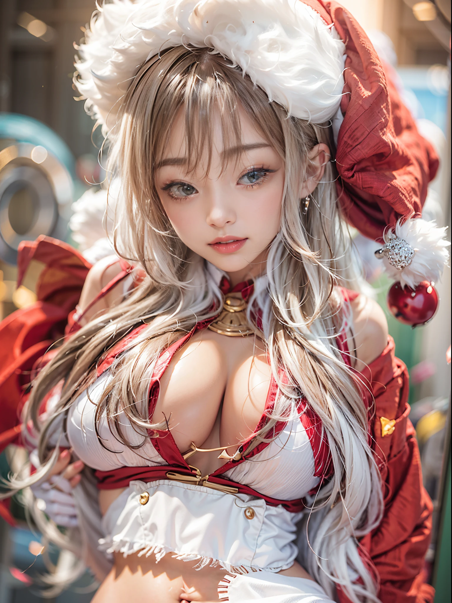 ((beautiful woman in santa costume))、Official Art、8K high image quality、3d rendered、A masterpiece of ultra-realistic detail、photoRealstic、Detailed body、Super Sexy Pose、Best style、Model body type、large udder、A detailed face、she blushed and smiled、detailed costume、Costumes with a wide open chest、(Skin revealing:1.8)Professional photographer photography、Blur the background、