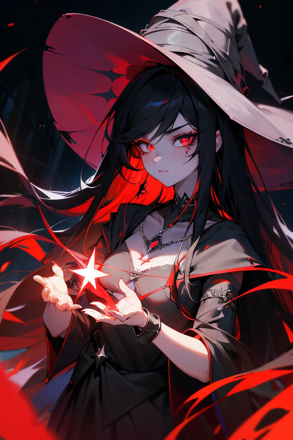 Long black hair, red eyes, aurora, laced chocker, medium breasts, red ruby pendant, glowing red eyes, red magic, messy hair, mature female, face tattoos, ((beautiful black eyeliner:1.2))CLOSE-UP, black witch hat, witch garments, beautiful superiority, ((glowing cuffs:1.2)), iconic witch location, ((Night:1.2)), standing in open field, spruce trees, vacation spot, Pale skin,starrystarscloudcolorful,(unusual pupils), (glowing eyes), (magic eyes) {{{PERFECT HANDS)}}, hamds