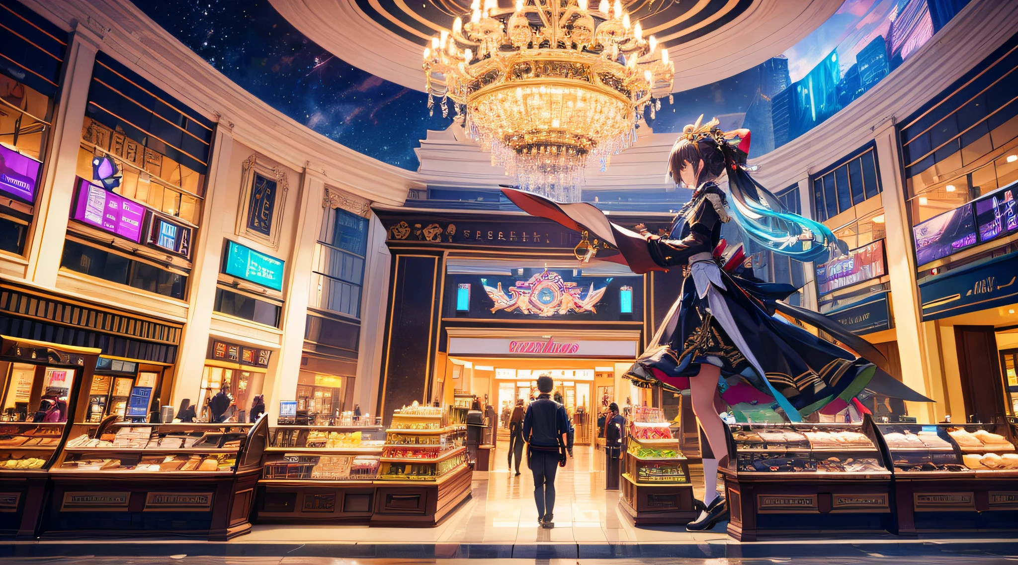 Best quality at best,(tmasterpiece:1.3),ultra - detailed,Unity8k wallpaper,shopping mall,counter,shop,,1 Sister, abalone,
