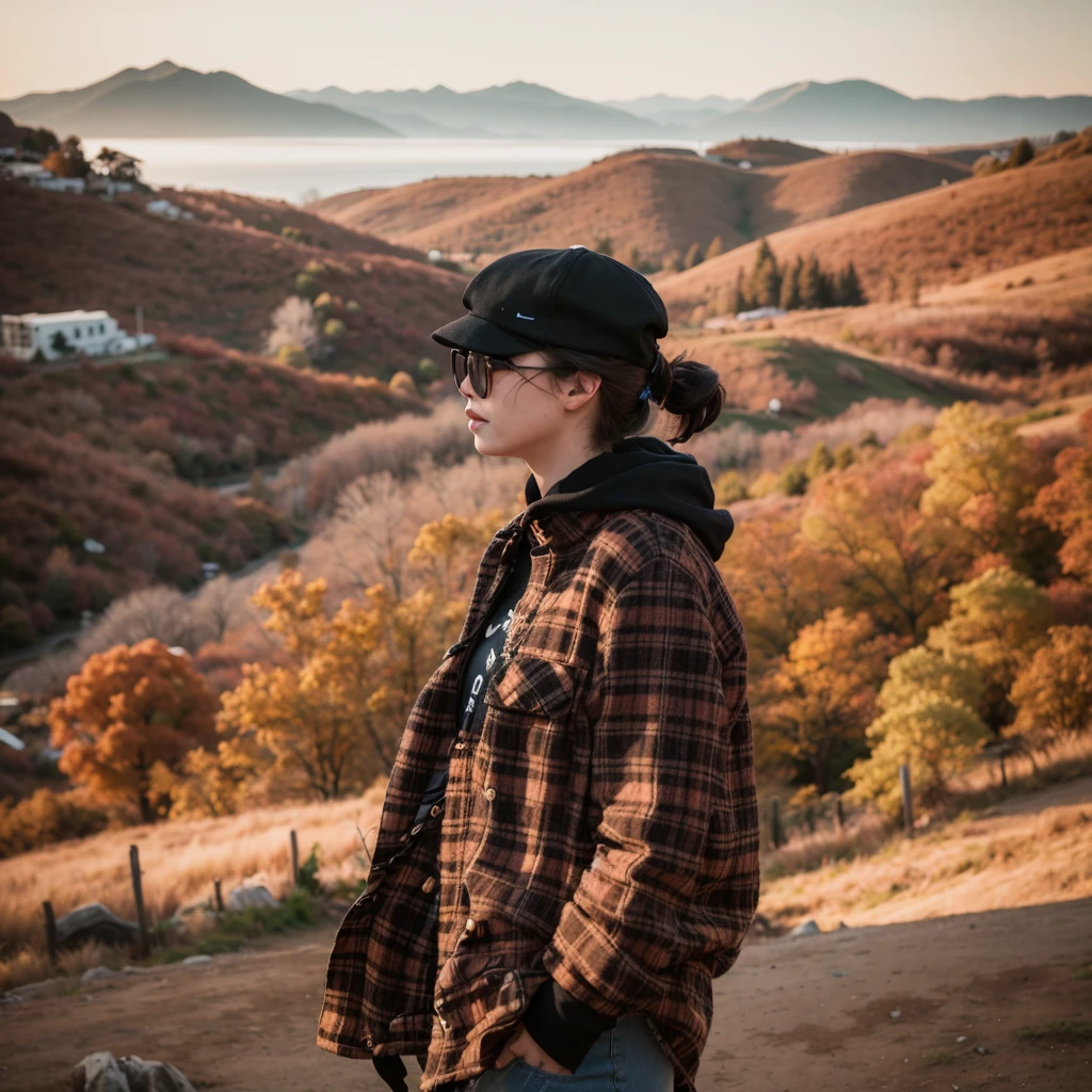 woman standing on a hill overlooking a valley with mountains in the background, by Emma Andijewska, mixed art, instagram post, basic, daoshi, flannel, profile shot, lumberjack flannel, absolutely, oversized, profile image, female streetwear blogger, wearing a flannel shirt, look, in the hillside, outlive streetwear collection, inspired by Ni Yuanlu