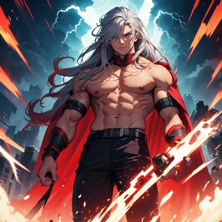 Master piece, 8k, ultra detailed, red overcoat, shirtless, muscular man, long grey hair, blue eyes, confident smile, full body frame, vulcan eruption and blue lightnings blue light background