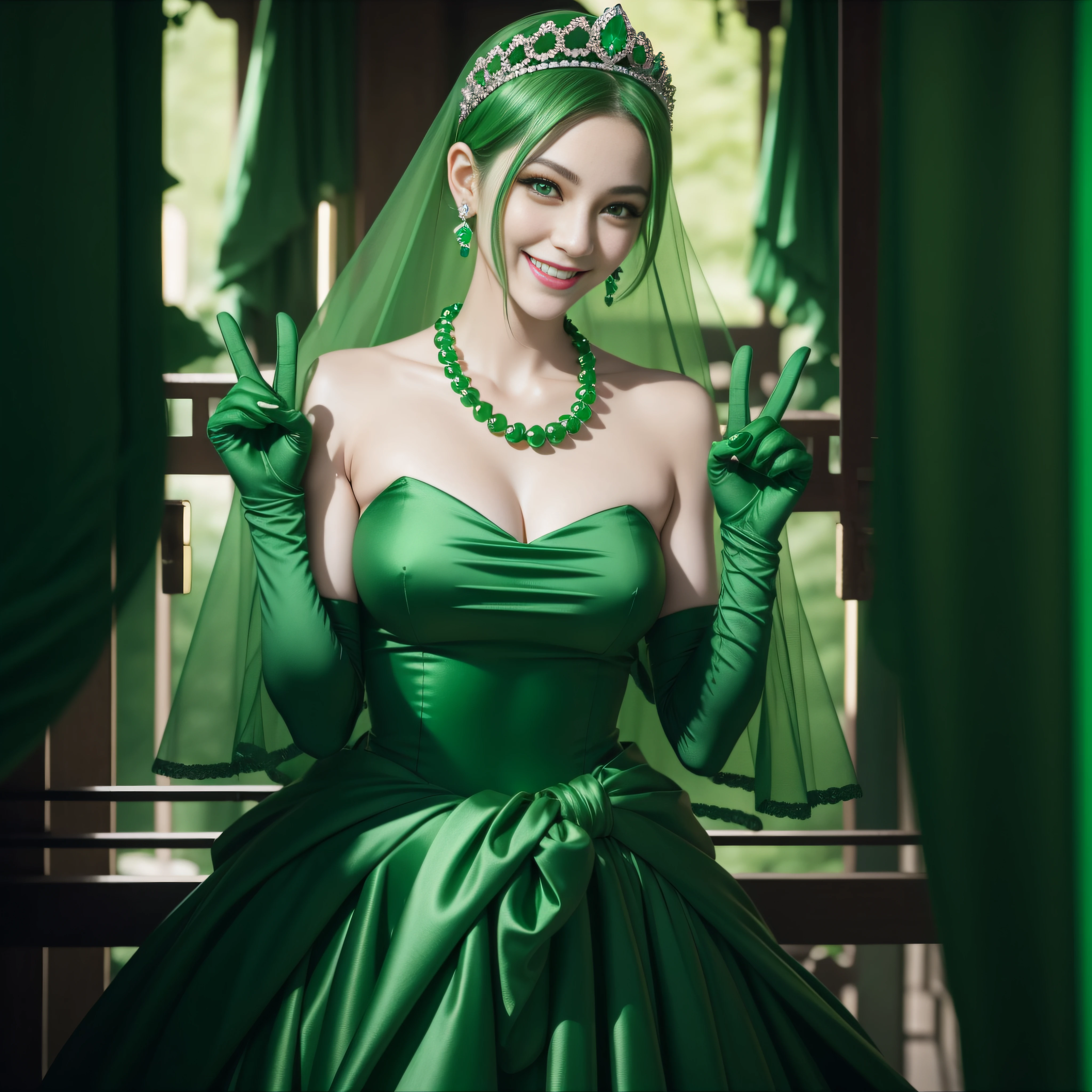 emerald tiara, Green Pearl Necklace, Boyish very short green hair, lipsticks, Japan woman smiling, very short short hair, big breasts beautiful, Green eyes, Long green gloves made of satin material, Green eyes, v sign,V-sign with both hands, Emerald Earrings, Green hair
