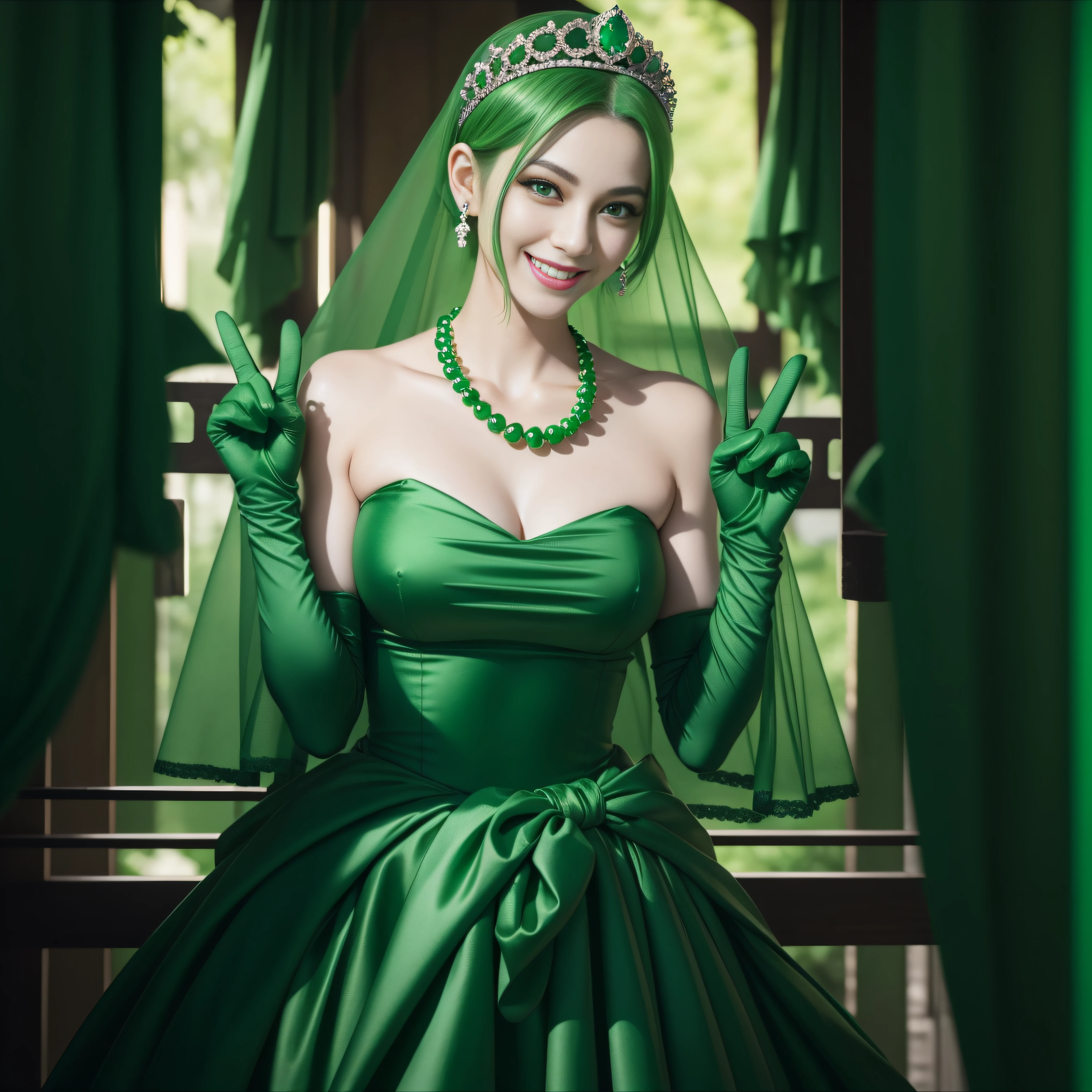 emerald tiara, Green Pearl Necklace, Boyish very short green hair, lipsticks, Japan woman smiling, very short short hair, big breasts beautiful, Green eyes, Long green gloves made of satin material, Green eyes, v sign,V-sign with both hands, Emerald Earrings, Green hair