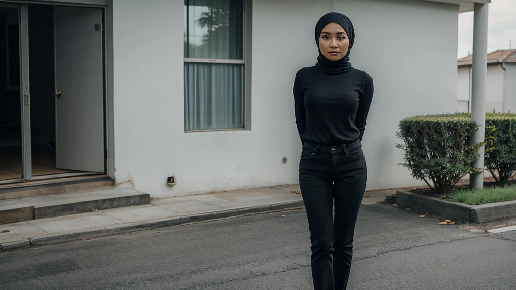 Malay woman in hijab,dressed in turtleneck shirt,dressed in black jeans,standing