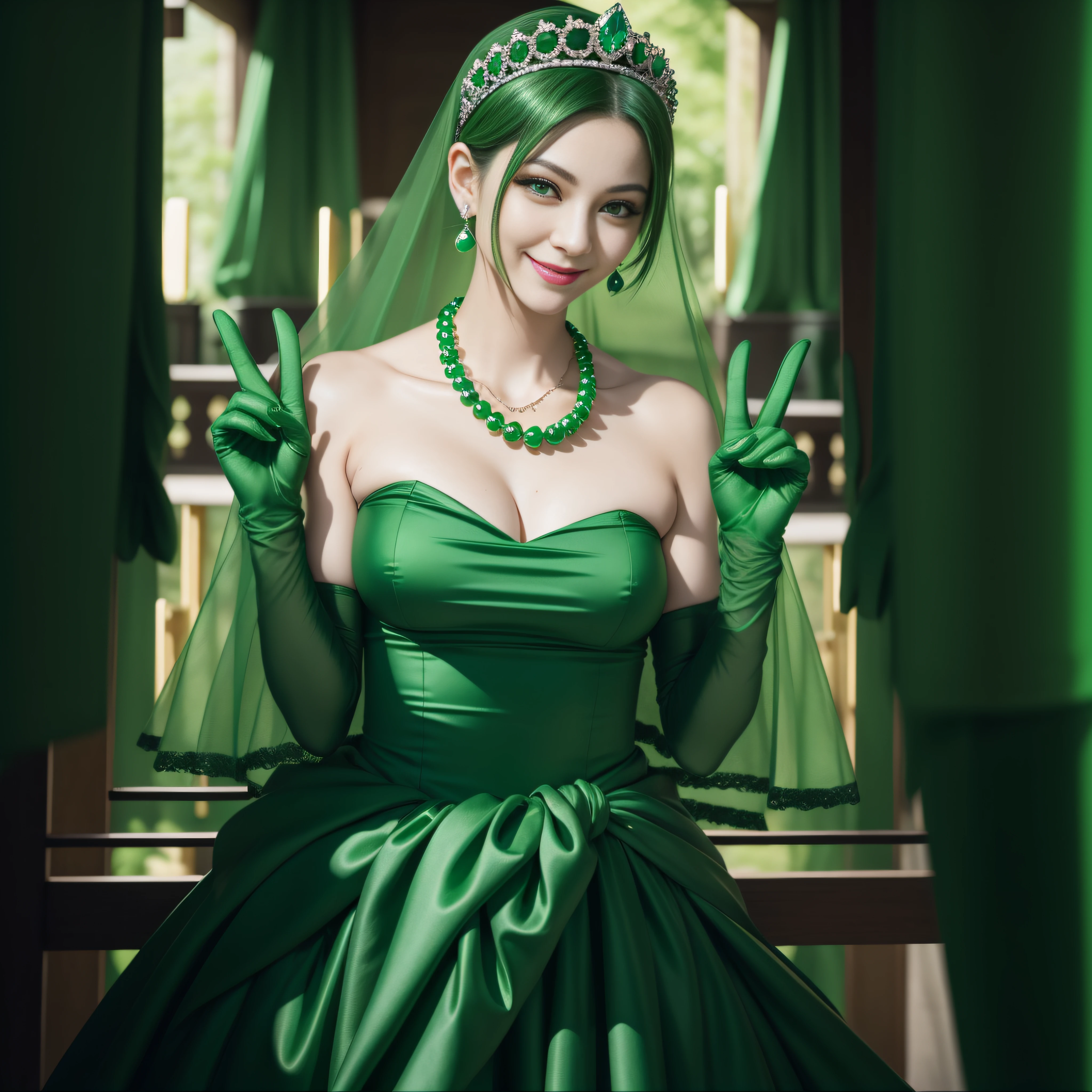 emerald tiara, Green Pearl Necklace, Boyish very short green hair, lipsticks, Japan woman smiling, very short short hair, ??????????? beautiful, Green eyes, Long green gloves made of satin material, Green eyes, Emerald Earrings, green vale, v sign
