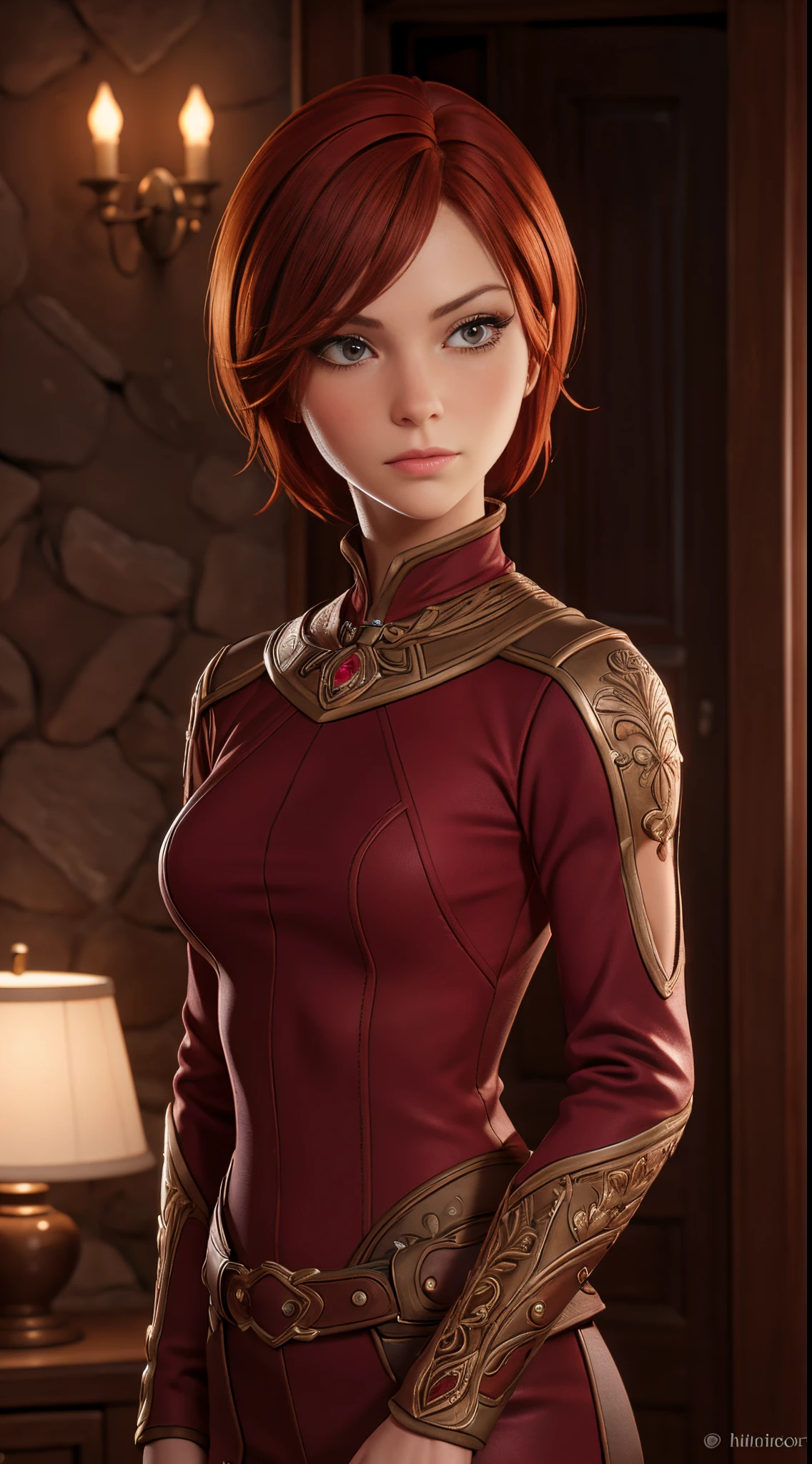 LelianaDA, masterpiece, highest quality, RAW, analog style, a stunning photo of a (beautiful woman), (short red hair), (maroon tight spy costume), (in the dark room), (dim lighting), (highly detailed skin, skin details), (highly detailed face and eyes), sharp focus, 8k UHD, DSLR, high quality, film grain, Fujifilm XT3, frowning, intricately detailed, highly detailed, cluttered and detailed background