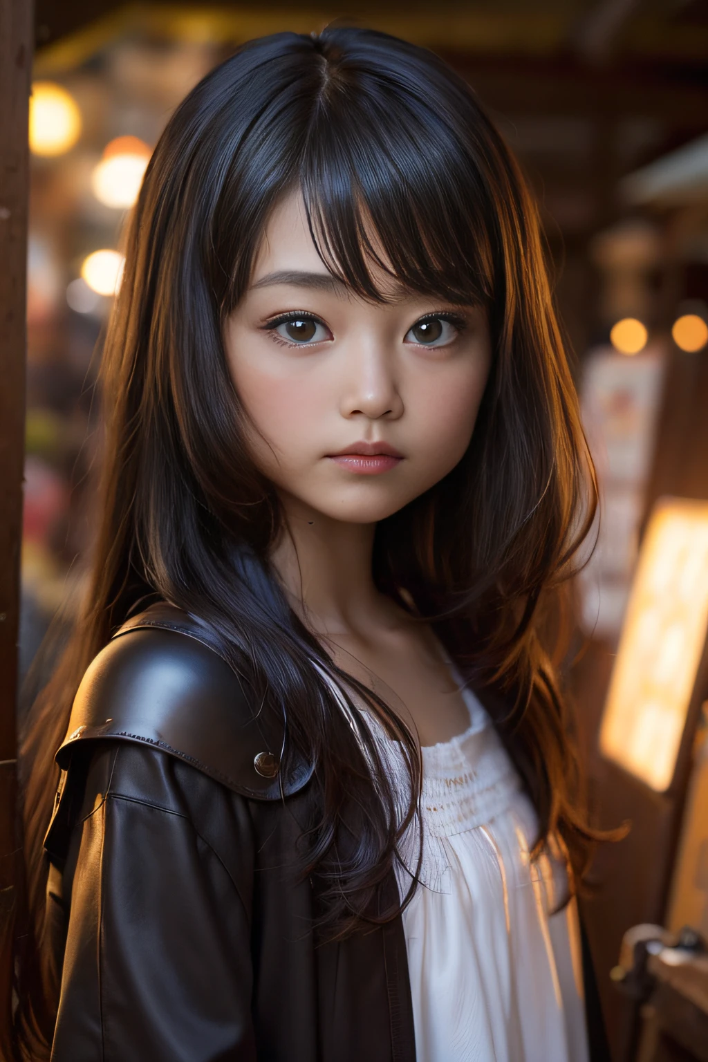 {masutepiece},{Best Quality},{1girl in}, Cute,Giljin, , Beautiful detailed eyes, Ruby eyes, Long hair, black colored hair,Face like an idol、Beautiful Model Girl、Innocent look of a girl、lovely delicate face、Narrow-eyed, drooping eyes、Leather armor of medieval Europe、Dark caves、a dark night、forest at night、Beautiful girl with a broken sword、realisitic