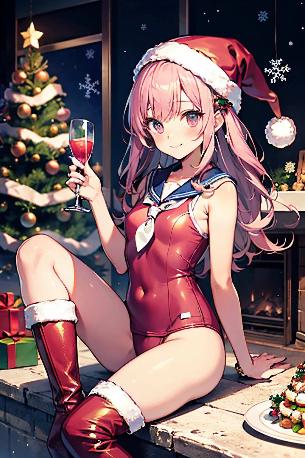 top-quality、Full limbs、complete fingers、Slender beauty、ssmile、Wearing a school swimsuit、pink sailor school water、knee high、Wear long boots、Christmas 、Santa wearing a pink costume、Party Venue