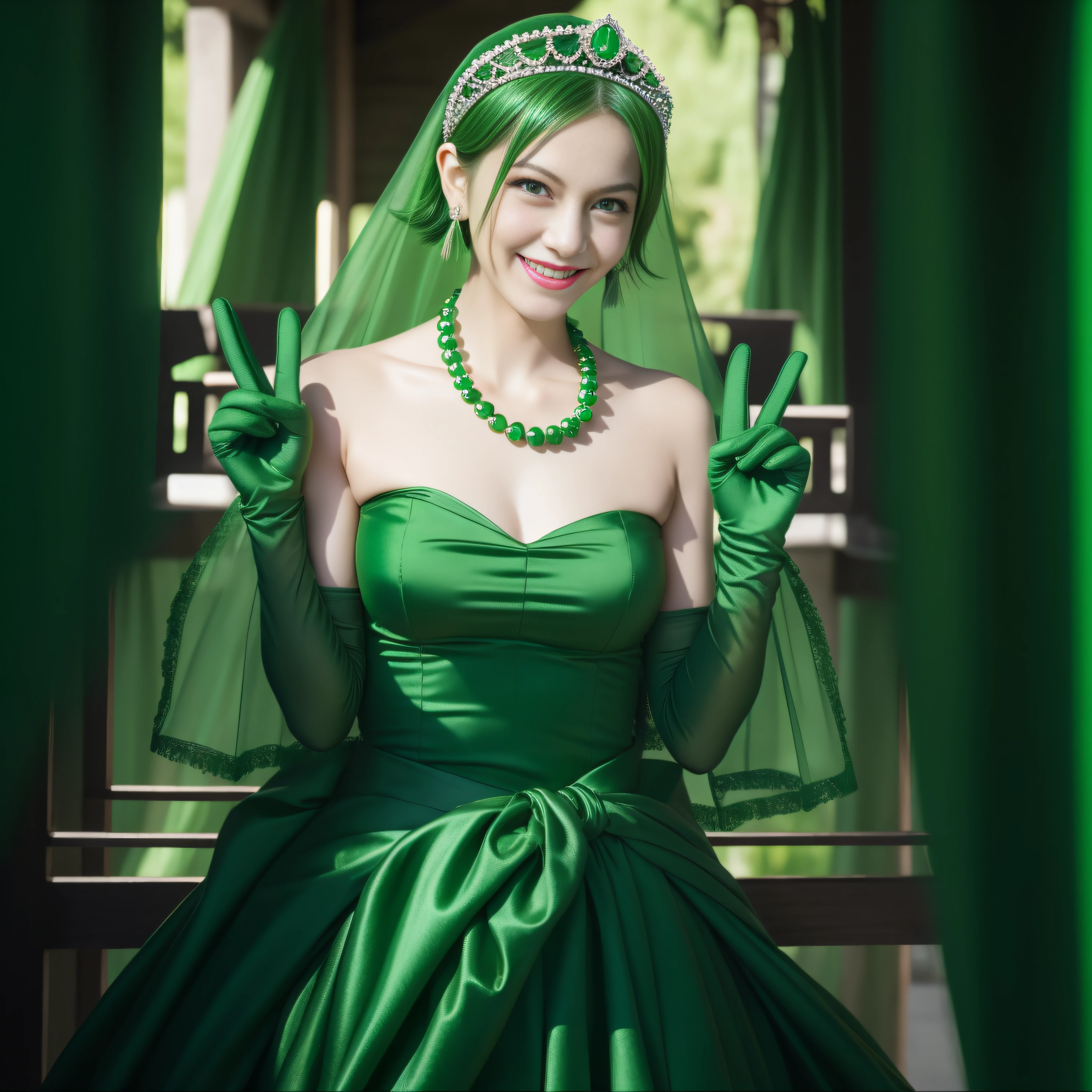 emerald tiara, Green Pearl Necklace, Boyish very short green hair, lipsticks, Japan woman smiling, very short short hair, big breasts beautiful, Green eyes, Long green gloves made of satin material, Green eyes, Emerald Earrings, green vale, v sign