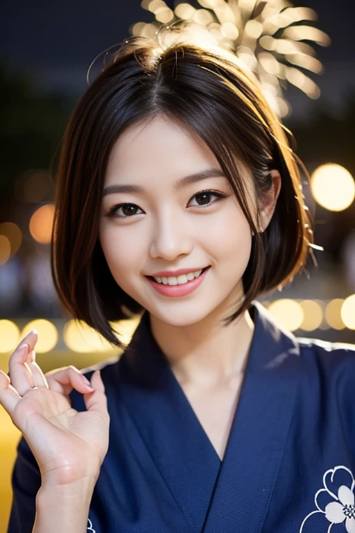 The most beautiful woman who works as a newscaster、with shiny brown hair、Fireworks festival on holiday、Wearing a navy Japanese yukata with a floral pattern、Very enchanting.。She's full of confidence々Smiled at.、toward to the camera。her fashion and expressions、A perfect balance between cuteness and elegance、It draws the viewer in and doesn&#39;t let go.。Through this scene、Express her charm to the fullest