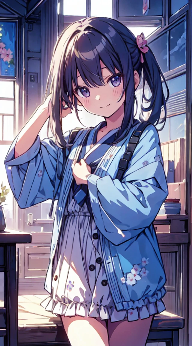 masutepiece, Best Quality,Illustration, Wallpaper, ultra -detail, 1little girl、♡、Futomo、Poses in motion、soft smiling、Summer scenery、lightly dressed