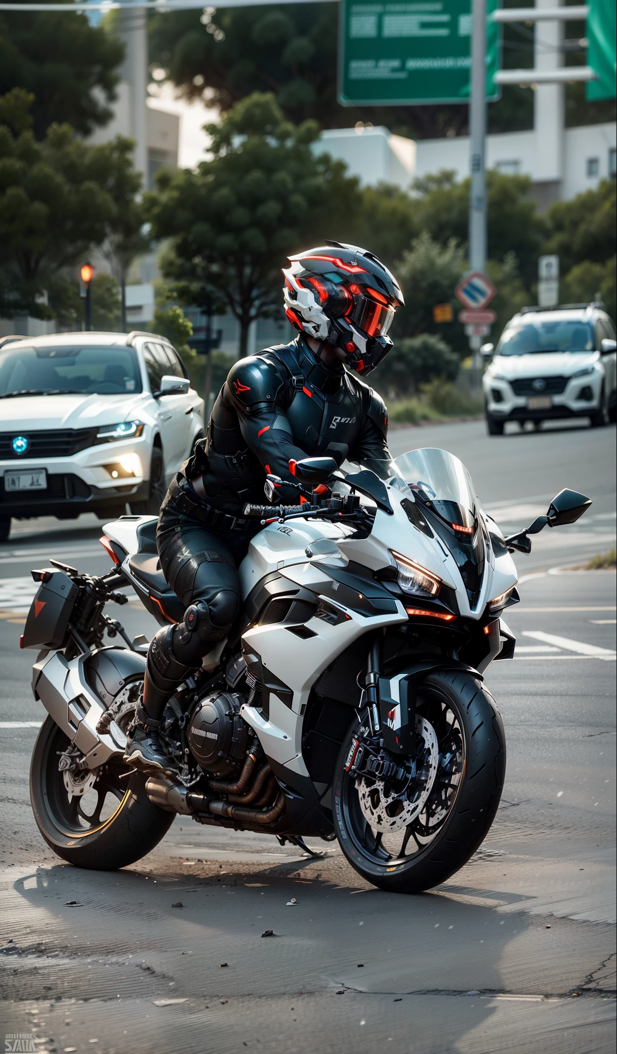Strong full body black mecha white short hair cyber handsome warrior, black cyber mechanical motorcycle, high-tech black full surround helmet, white short hair, Nousr, biomechanics, mshn robot man, high-tech helmet, surreal, steel, intricate design, crazy details, fine details, extremely clear lines, cinematic lighting, photo realistic, detailed masterpiece