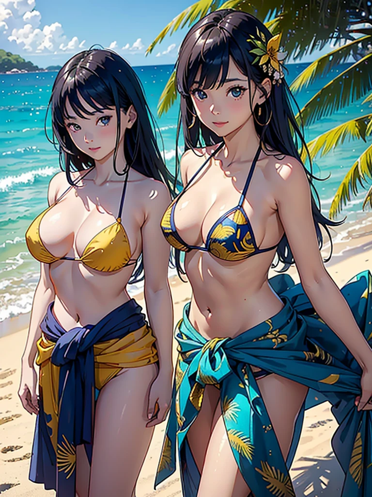 ​masterpiece、top-quality、超A high resolution、 [ 4 k digital art ]!!、 8k high quality detailed art、Wallpaper、 Detailed Digital Anime Art、Realisticity、Cinema Angle、hposing Gravure Idol、(Two beautiful girls))、cute  face、 (((Detailed depiction of a beautiful face)))、kindly smile、年轻、Bikini swimwear、Photorealistic perfect body、(Bold ethnic patterns wrapped around the waist and skirt and plenty of primary colors)、light Particle、llight rays、Tropical、Against the background of palm trees on both sides、on a sunny beach、Against the background of the sea、blur backgroun、
