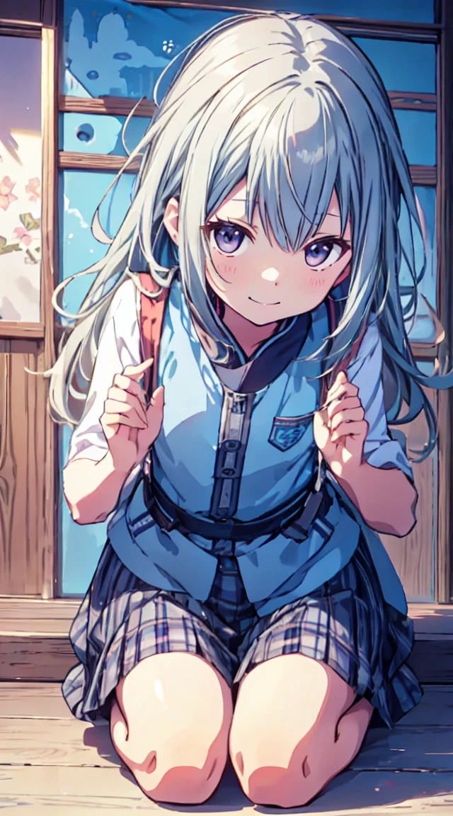 masutepiece, Best Quality,Illustration, Wallpaper, ultra -detail, 1little girl、♡、Futomo、Poses in motion、soft smiling、Summer scene、perspiring、Exercise