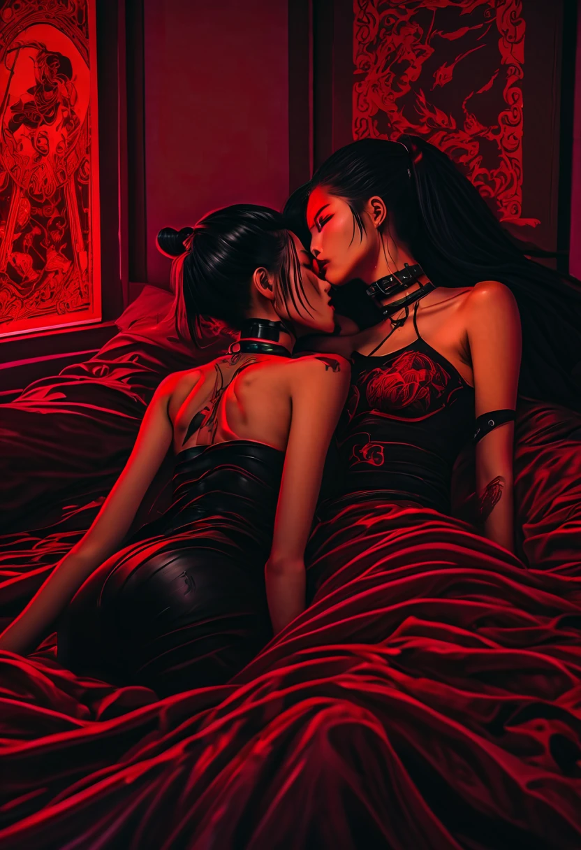 a fancy gothic penthouse apartment bedroom with black and red  sheets on the bed and gothic paintings on the wall, two cyberpunk Asian girls lie on the bed one nude one wearing a thong kissing each other on the lips and clutching each other closely