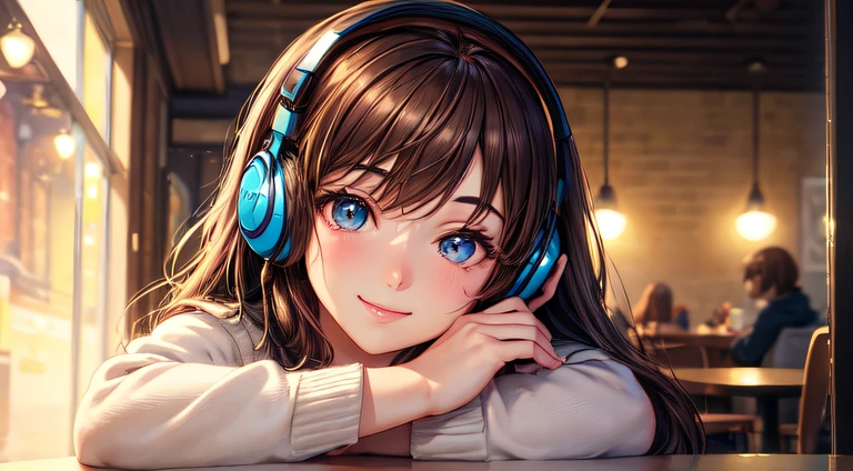 (best quality,masterpiece:1.2),detailed,perfect face,brown hair,girl listening to music,sitting in a cafe,2D anime style,illustration,soft lighting,vibrant colors,sparkling ornaments,night,peaceful atmosphere,cozy background,expressive eyes,warm smile,flowing hair,headphones on,bright-eyed,likeable character