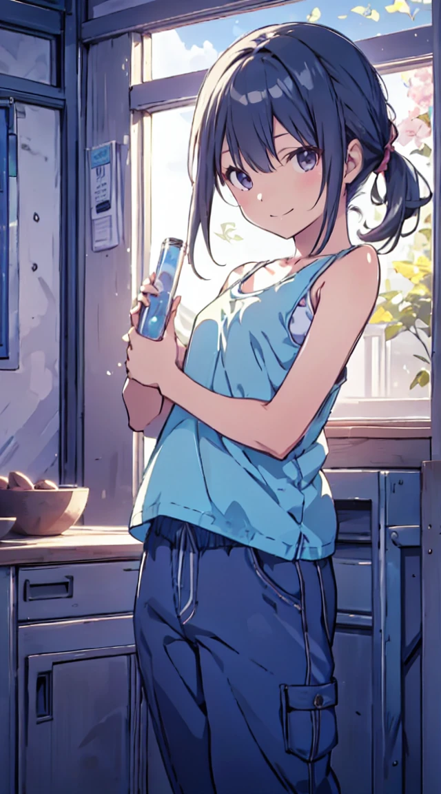 masutepiece, Best Quality,Illustration, Wallpaper, ultra -detail, 1little girl、♡、Futomo、Poses in motion、soft smiling、Summer scenery、Tank tops、shortpants