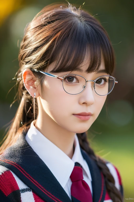 hight resolution, masutepiece, hightquality, Highly detailed, Realistic, super realistic details, Photorealistic, potrait, 4k wallpaper, 1girl in, (Solo), very beautiful girl in her 20s, , Ponytail hair, multi color hairstyles, Glasses,Korean Uniforms,Christmas,Eye Detail, exquisite nose detail, Realistic face, Realistic eyes, Cold expression, Cool Face
