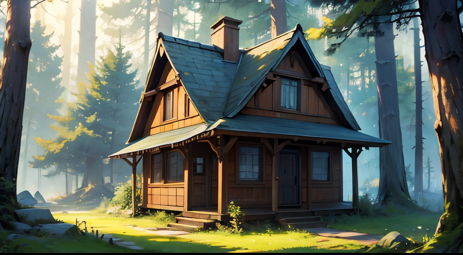 There are several small houses in the forest，forest town