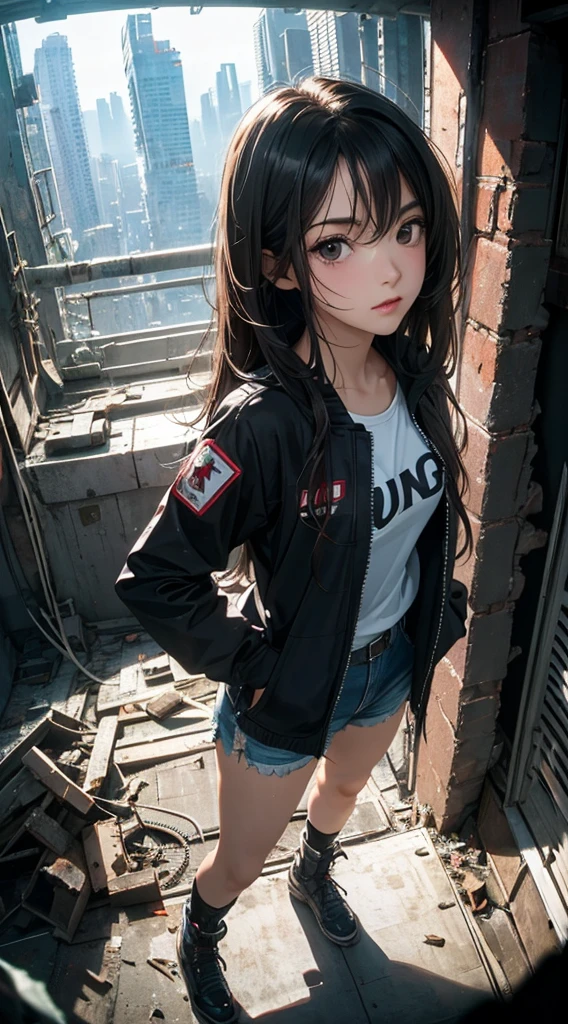 ((8k wallpaper of extremely detailed CG unit, masterpiece, hight resolution, top-quality)), (Beautuful Women, Hands in pockets:1.8, Grunge Fashion:1.2, Wearing a blouson:1.2, Wearing micro mini shorts:1.2, Wearing shoes:1.1), ((extra detailed face, Highly detailed black eyes, extra detailed body, Top quality real texture skins)), (A dark-haired, hair messy, de pele branca), (Futuristic abandoned building interior), (high-angle:1.2, Fisheye:1.3), hyper realisitic, digitial painting,