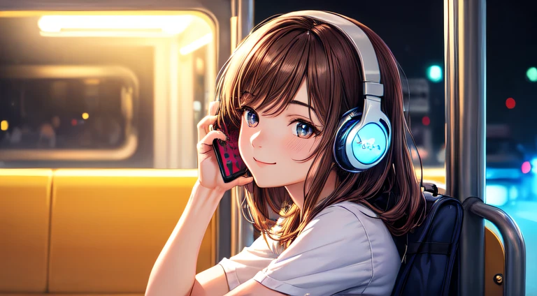 (best quality,masterpiece:1.2),detailed,perfect face,brown hair,girl listening to music,holding her phone,sitting at a bus stop,2D anime style,illustration,soft lighting,vibrant colors,sparkling ornaments,night,peaceful atmosphere,cozy background,expressive eyes,warm smile,flowing hair,headphones on,bright-eyed,likeable character