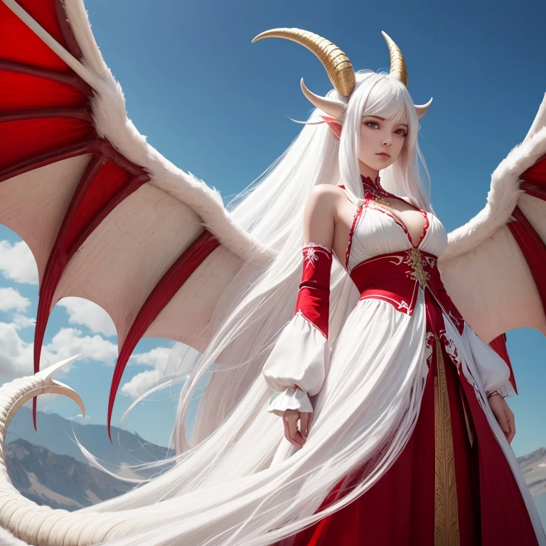 Make a Lady with a Big Dragon Tail and Dragon Wings. She has long white hair with big white goat like horns. She wearing a long red warrior dress
