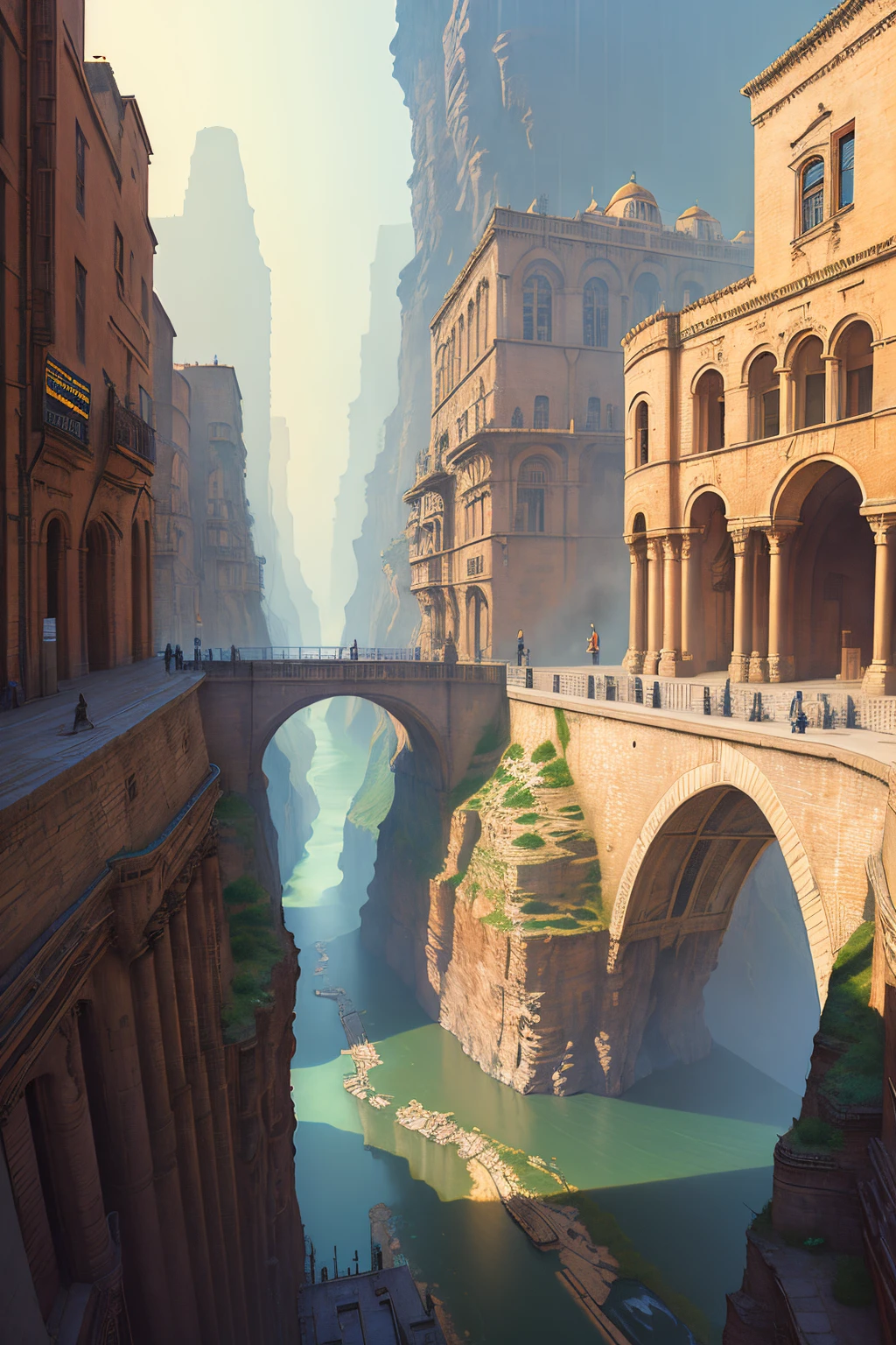 ((masterpiece)),((best quality)),((high detial)),((realistic,))
Industrial age city, deep canyons in the middle, architectural streets, bazaars, Bridges, rainy days, steampunk, European architecture