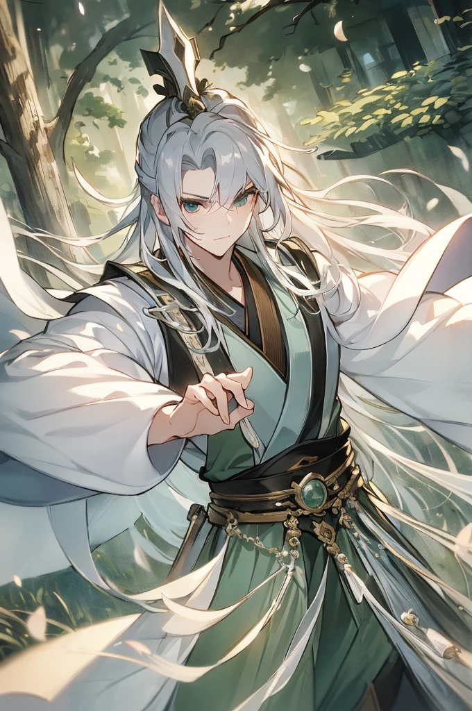 (Best quality at best,A high resolution,The image  clear:1.2),Ultra detailed backgrounds,Beautiful man standing holding sword，this it，wind blowing through，Chinese-style clothes,Green clothes，Garden scene,under moonlight,waterfall man，Romantic atmosphere,Dutch Angle Shot,gentlesoftlighting,portrait of upper body，