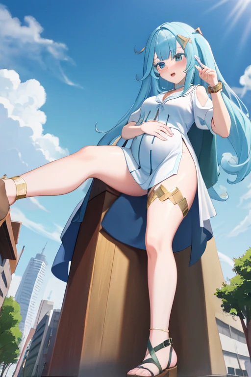 Giant maiden，Moe two-dimensional style，Pregnancy status，Round belly，Gaze at the bustling city, Lying down, Full body