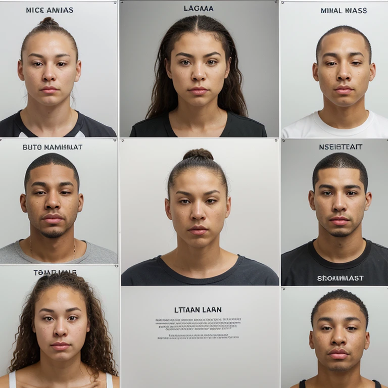 A photo realistic poster board of alleged gang members, young adult African Americans or Latinos or Latinas, shown from left the right. The alleged gang members will be shown with their photorealistic, hyper realistic, human like, life like, dark grey background mugshots and under them will be enough white space for their names written in small black ink along with their nicknames. Separate the large poster into two halves, with the mugshots and their names/nicknames being at the top of the page and then at the bottom of the page leave a large white blank space.