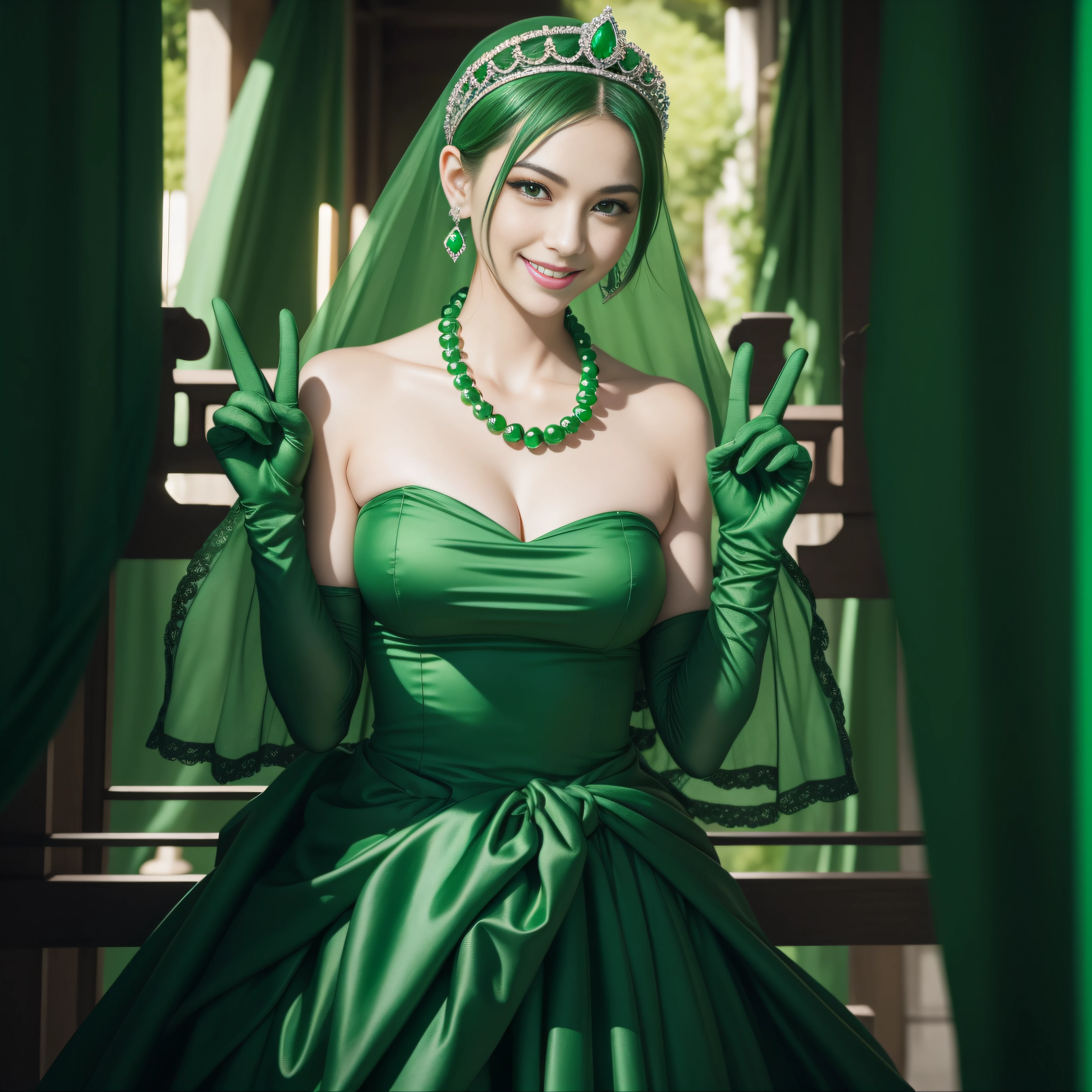 emerald tiara, Green Pearl Necklace, Boyish very short green hair, lipsticks, Japan woman smiling, very short short hair, big breasts beautiful, Green eyes, Long green gloves made of satin material, Green eyes, Emerald Earrings, green vale, v sign