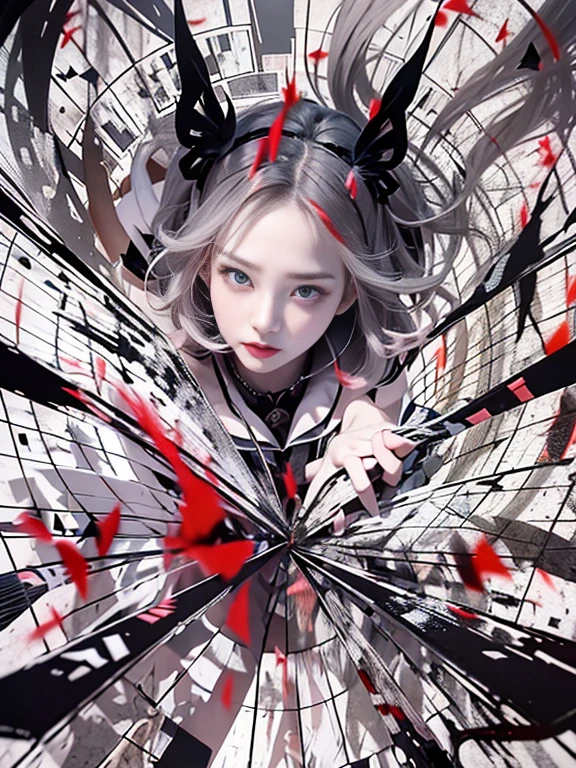 Black and white,absolutely beautiful alice,Selfie、Bust,Broken mirror,Split black and white,red tear rack and white paint,Broken,White the、with sublevel rack,Eroded by darkness and light,Woman、Holding a knife、Symetrical、wingspan、angelicales、alice in the wonderland、Floating in the air