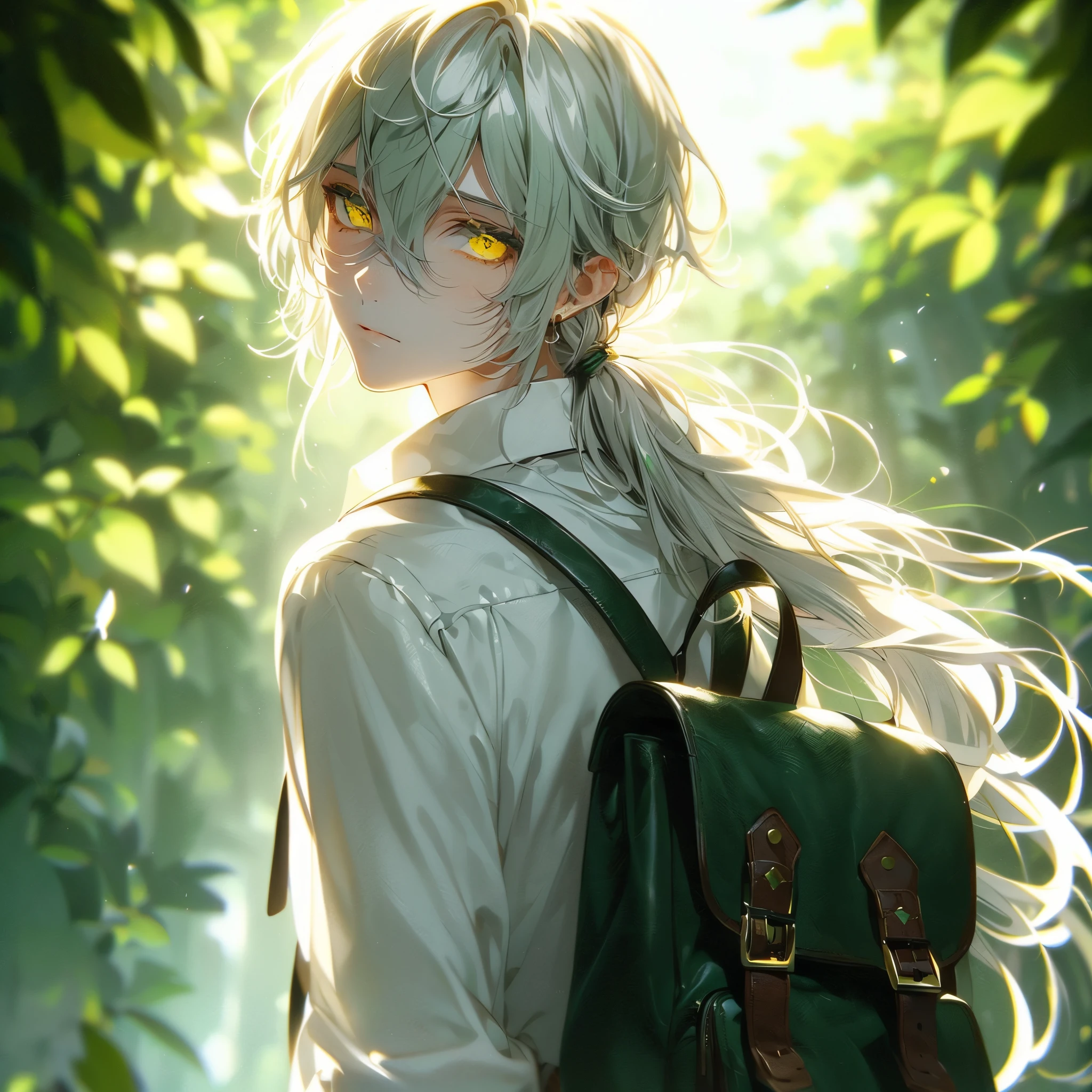 (((beautiful young man with narrow eyes, White hair, Long hair, Yellow eyes, slit-eyes, Ponytail, Back view, turned around, dark green leather backpack, composition from the waist up, High quality, amount of drawing, pixiv illustration