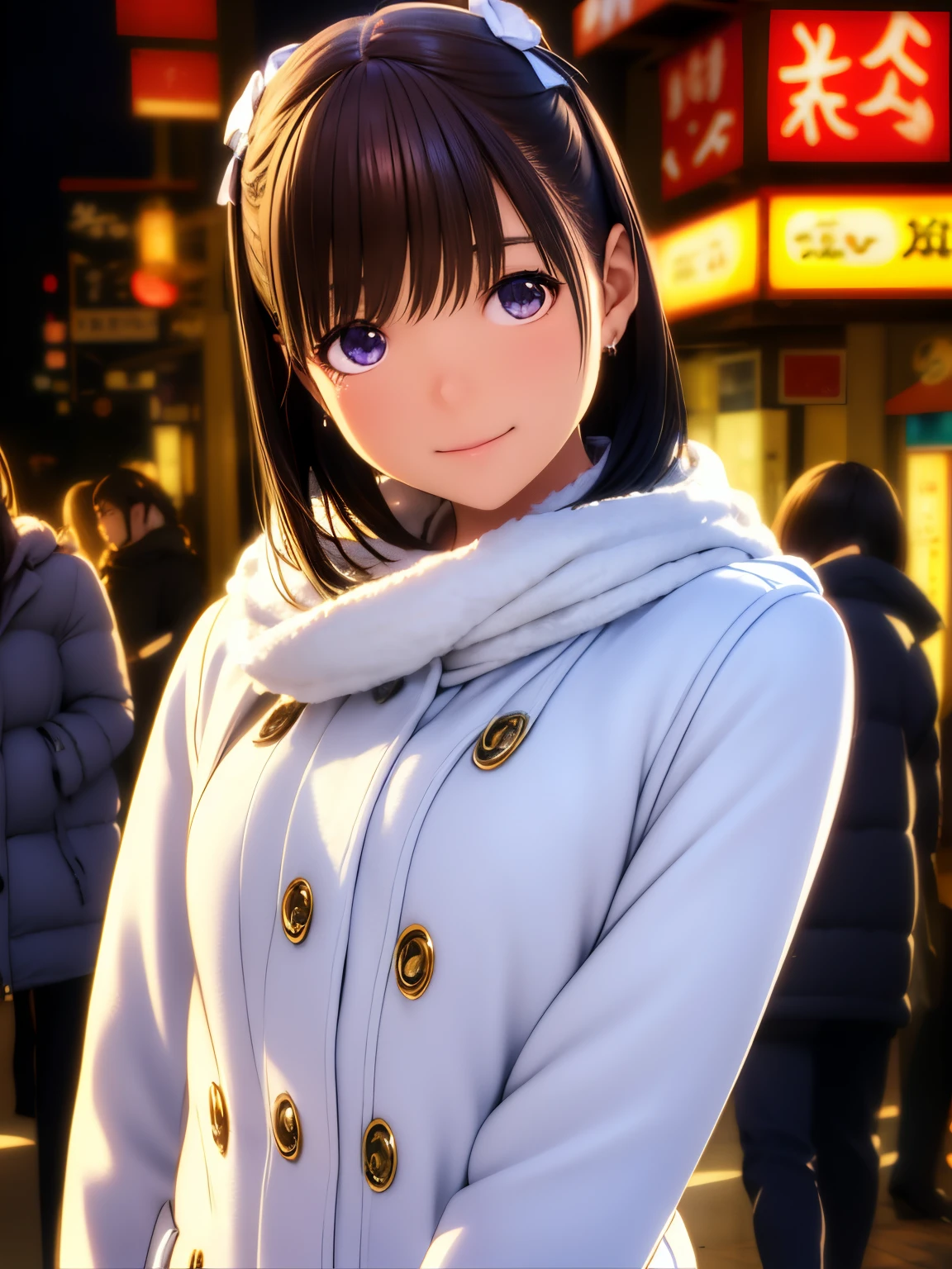 hight resolution,8K,Best Quality,detaileds,semi - realistic anime,Anime 3D Style,Smooth Anime CG,1 girl in,20 year old woman in Japan,slim,modeled,shiny chestnut hair,Medium Hair,Detailed face,Beautiful and detailed eyes,Glowing skin,(coat,layered clothes,Winter clothes,),earring beautiful,Winters,cold morning in december,(a street:0.8), (a person, Large crowds:1),hard focus particles,Soft lighting,looking at the viewers,A smile