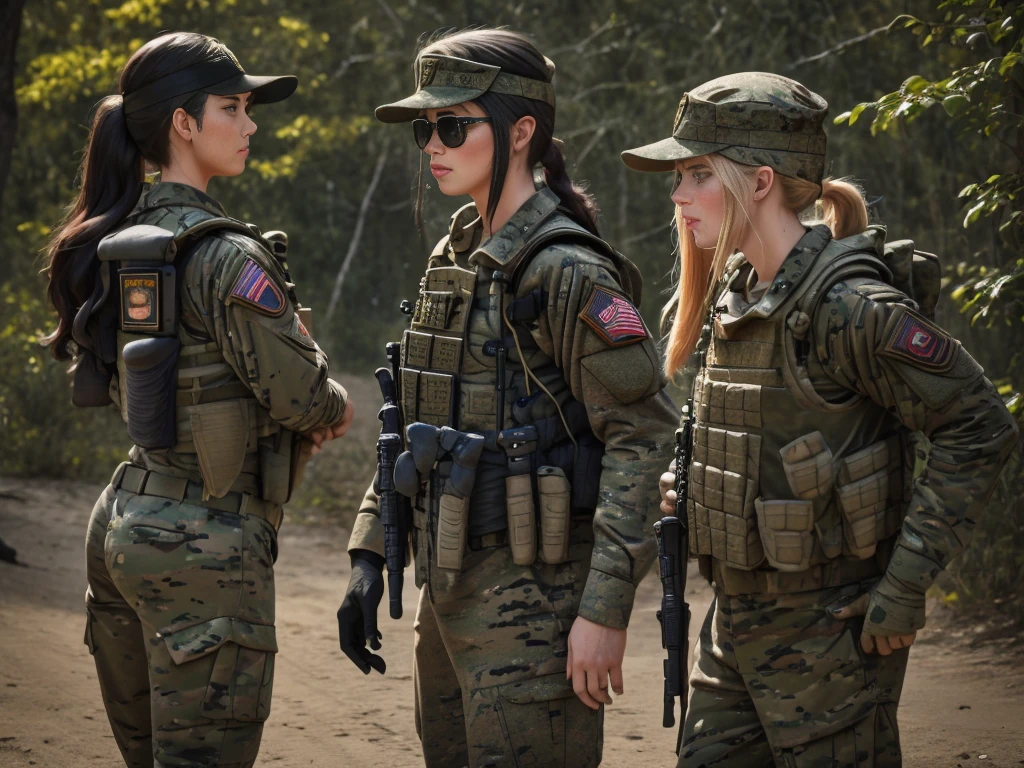 sexy, millitary, us soldier, plate carrier, gun, M4A1 rifle, baseball hat, black uniform, lots of pockets, long hair sticking out the back of baseball hat, stronge arms, in combat,, tinted combat sunglasses, bandana, combat gloves, ponytail.two girls, jungle backround, holding gun, gun in high ready, checking surroundings, high def, 8k, night time, holosight scope, looking through scope,combat boots