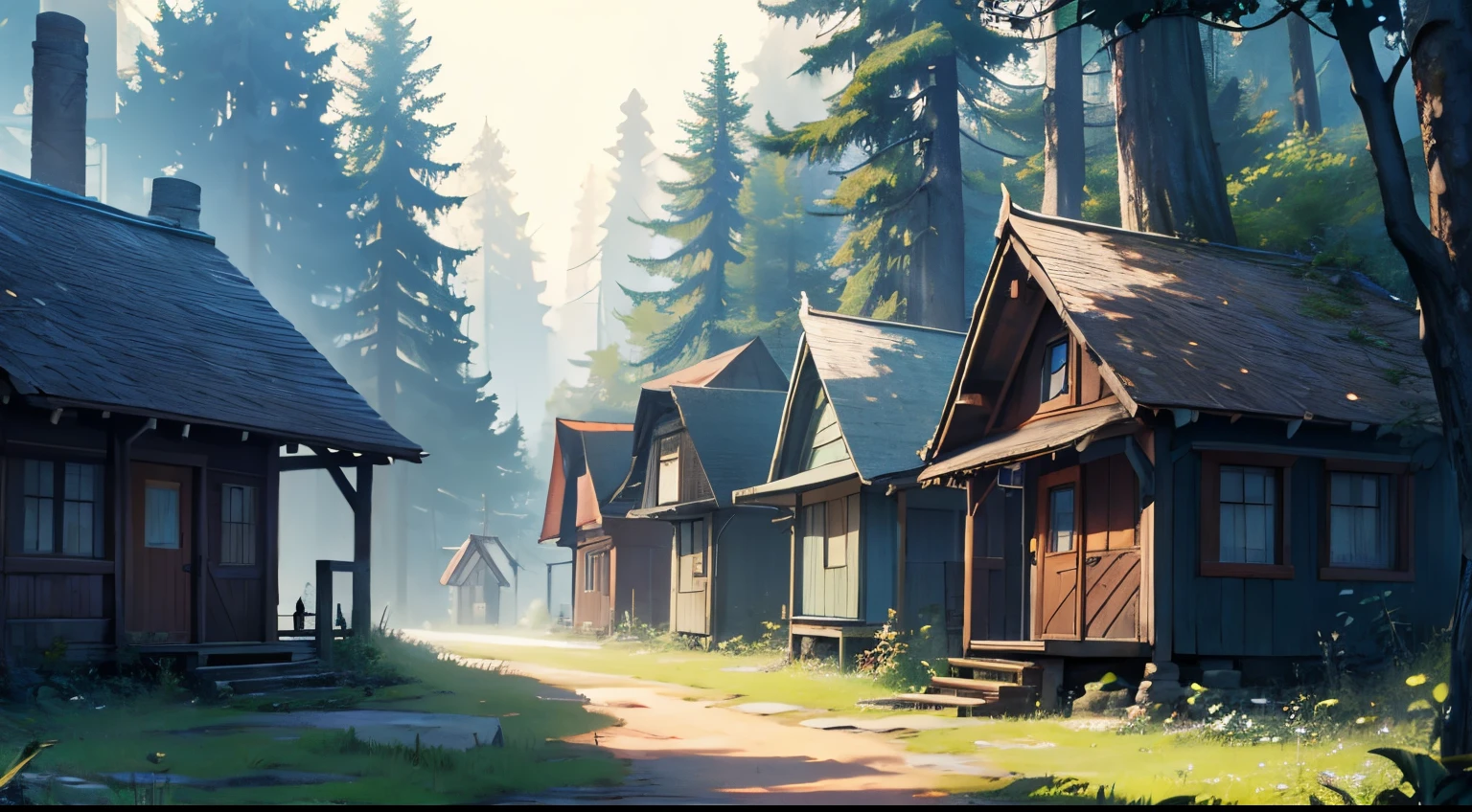 There are several small houses in the forest，forest town