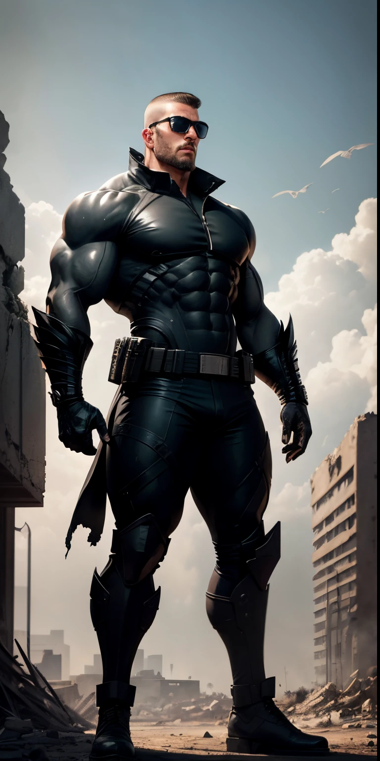 Arad man in gray, black and white clothes standing in desolate ruins, muscle male hero, Buzz cut, heroic male pose, tall and burly, muscular! Wearing black sunglasses, tall burly and strong, stealth suit, super buff and cool, high resolution committee, character design police, black military boots, attractive strong male