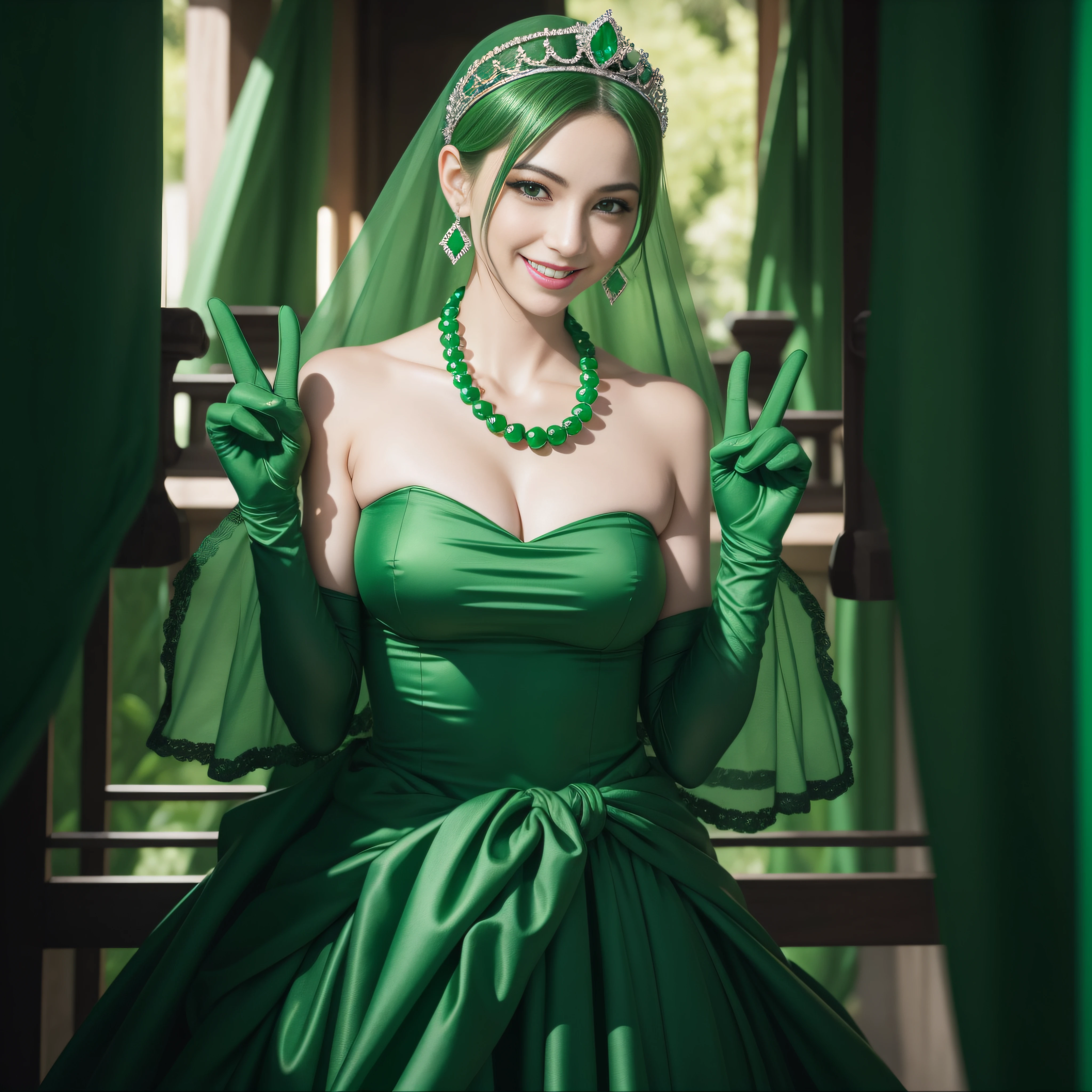 emerald tiara, Green Pearl Necklace, Boyish very short green hair, lipsticks, Japan woman smiling, very short short hair, big breasts beautiful, Green eyes, Long green gloves made of satin material, Green eyes, Emerald Earrings, green vale, v sign