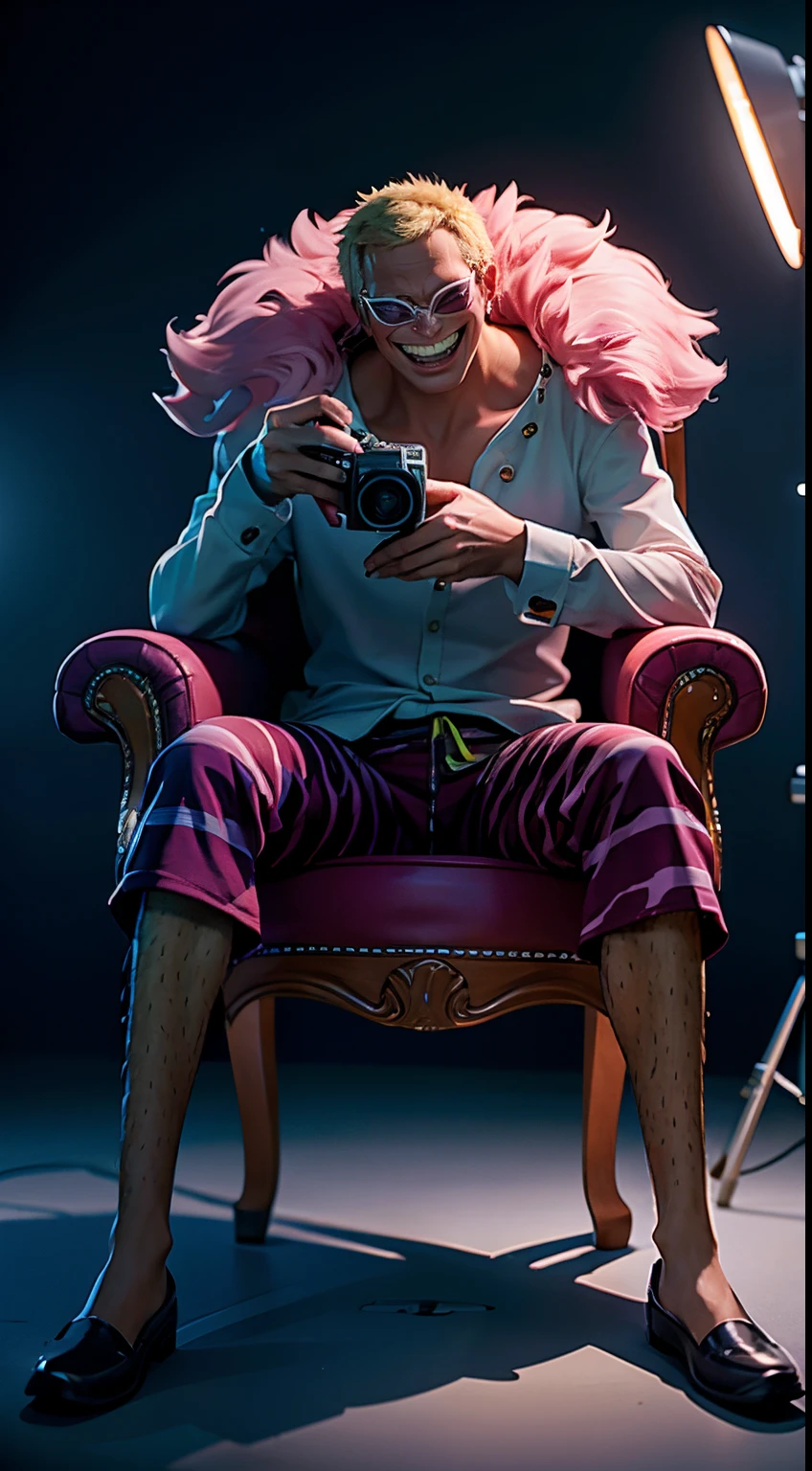 doffy sitting on chair, behind the scene of doffy taking picture in photo studio, wearing fur, shoot by profesional photografer, (smile:1.2), (dynamic pose:1.2), ((masterpiece, best quality)), cinematic lighting, professional lighting, simple grey background