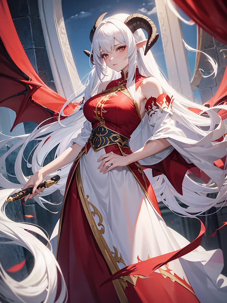 Make a Lady with a Big Dragon Tail and Dragon Wings. She has long white hair with big white goat like horns. She  wearing a long red warrior dress