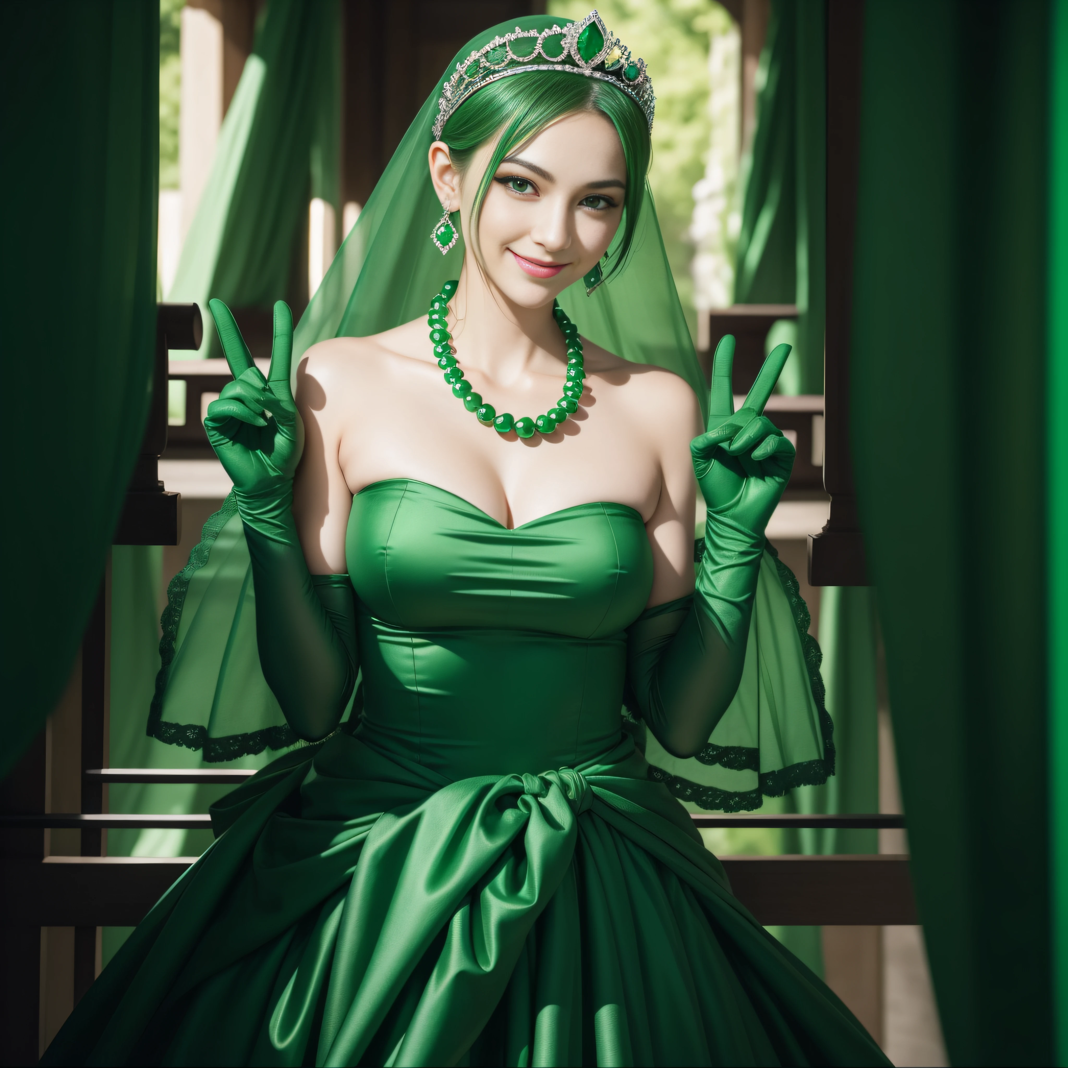 emerald tiara, Green Pearl Necklace, Boyish very short green hair, lipsticks, Japan woman smiling, very short short hair, big breasts beautiful, Green eyes, Long green gloves made of satin material, Green eyes, Emerald Earrings, green vale, v sign
