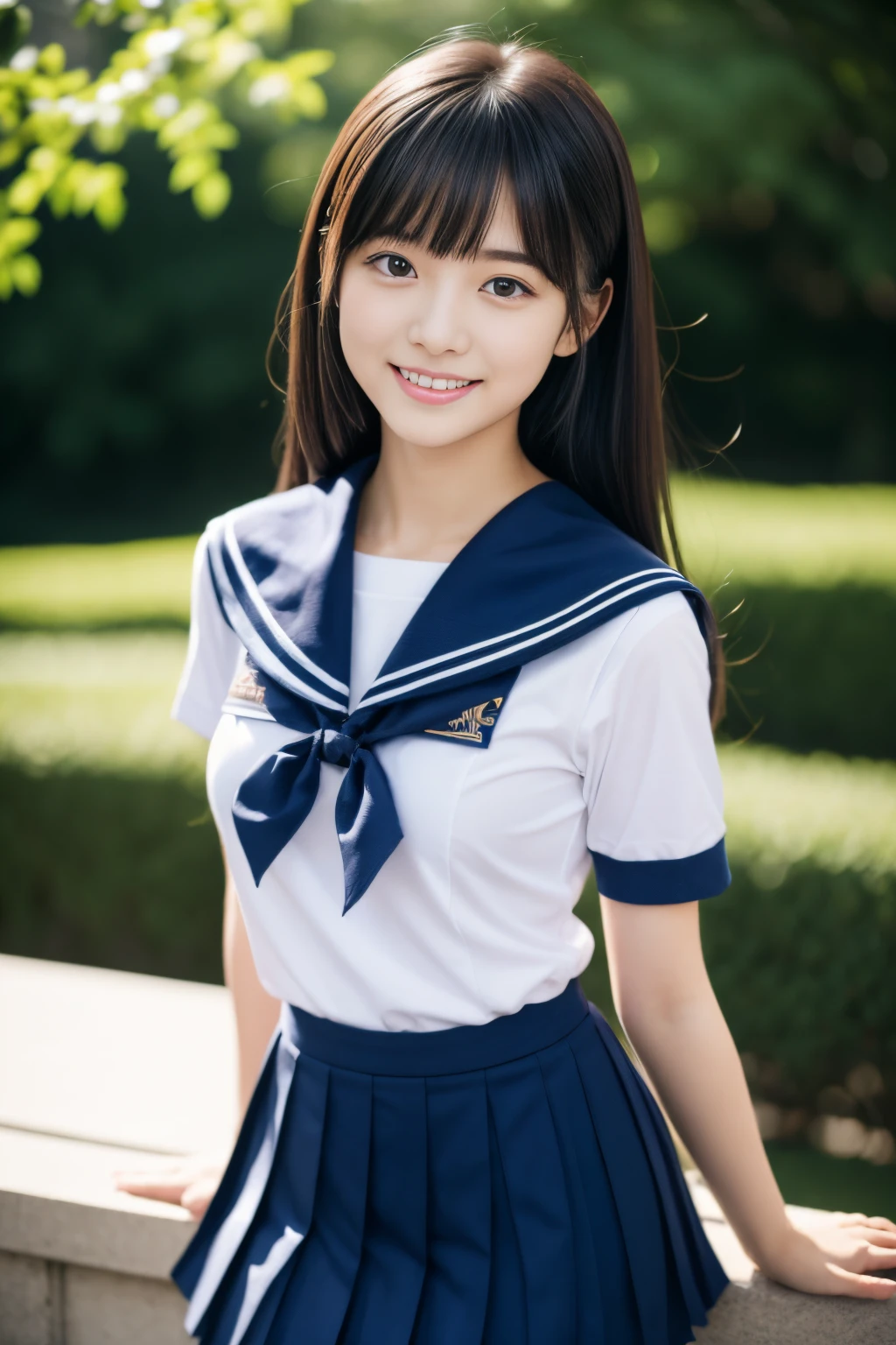 Close up of woman posing for photo,  japanese model model, -yeld fee model,  4K、bangss、A dark-haired、bobhair、Middle hair、Straight hair、(white  shirt, Sailor School Uniform, Dark blue pleated skirt:1.2),　(Super cute face in idol style:1.2)、slim and beautiful figure、beutiful breast、A smile、full body Esbian:1.5、The background is an empty park、Beautiful legs、sexy  pose、Erotic Poses、