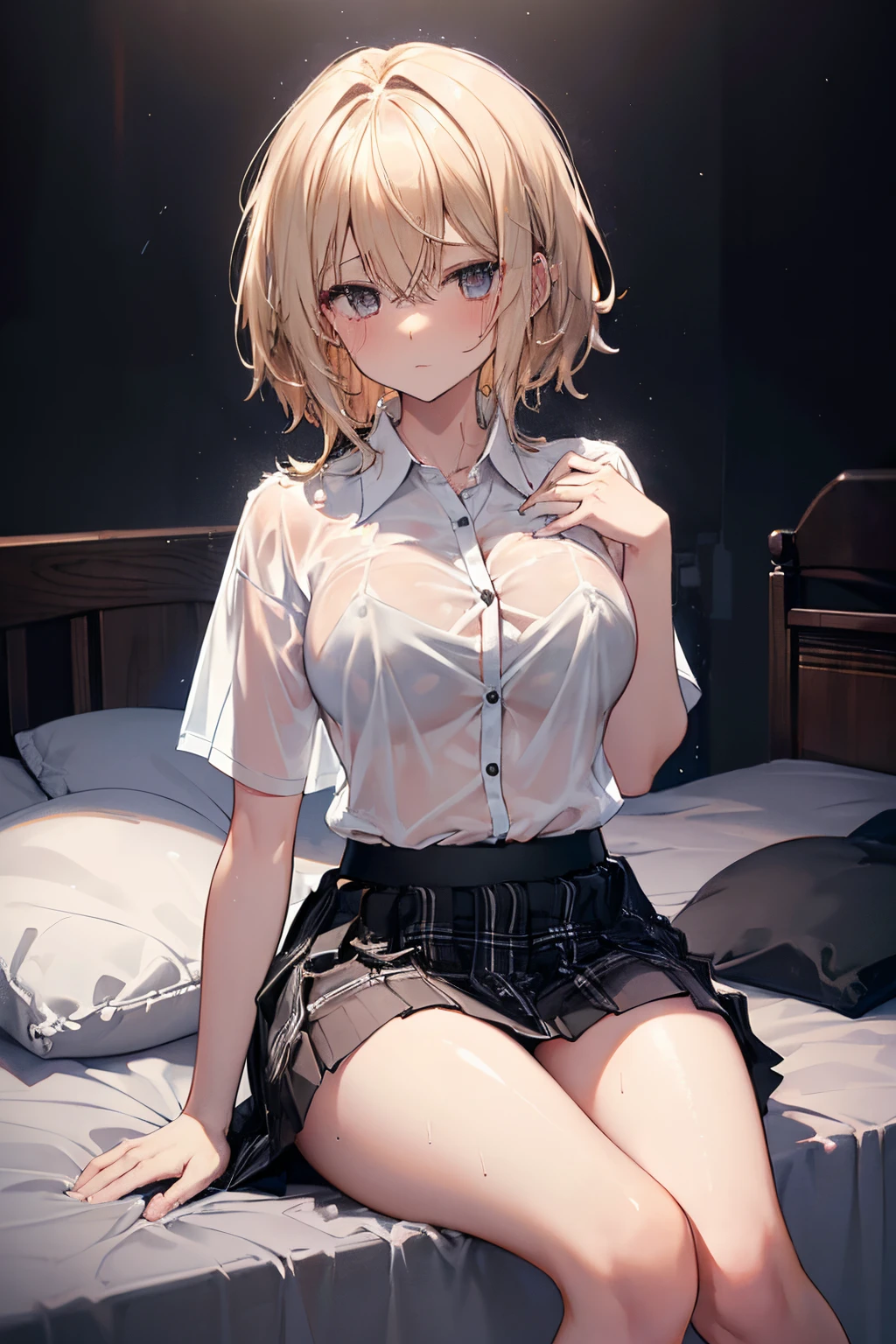 ((((After sex)))), ((shaggy hair)), blonde hair, bed, bed room, (Sit on the bed), (((((night))))), (((((darkened room))))), one girl, medium breasts, medium buttocks, thighs, verge of tears, (swet), (wet skin), (wet clothes), ((erotic)), ((sensual)), (simple background), (Close-up of a girl), beautiful detailed body, beautiful detailed glow, cinematic lighting, 4K illustration, masterpiece, best quality, by top artist, by famous artist, by plo artist, ((Highschool uniform)), (white shirt), (see-through), (short sleeves), (black miniskirt), (Black plaid skirt), ((undressing)), ((all of buttons shirt)), ((Half-naked)), breast cleavage, stomach, Authentic shiny skin texture, Soaked skin, radiant skin